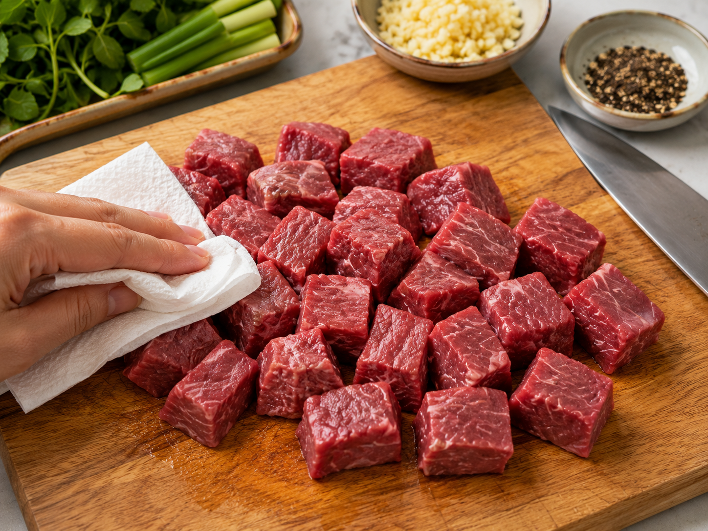 Cubed beef being patted dry on a wooden cutting board before marinating for bò lúc lắc.