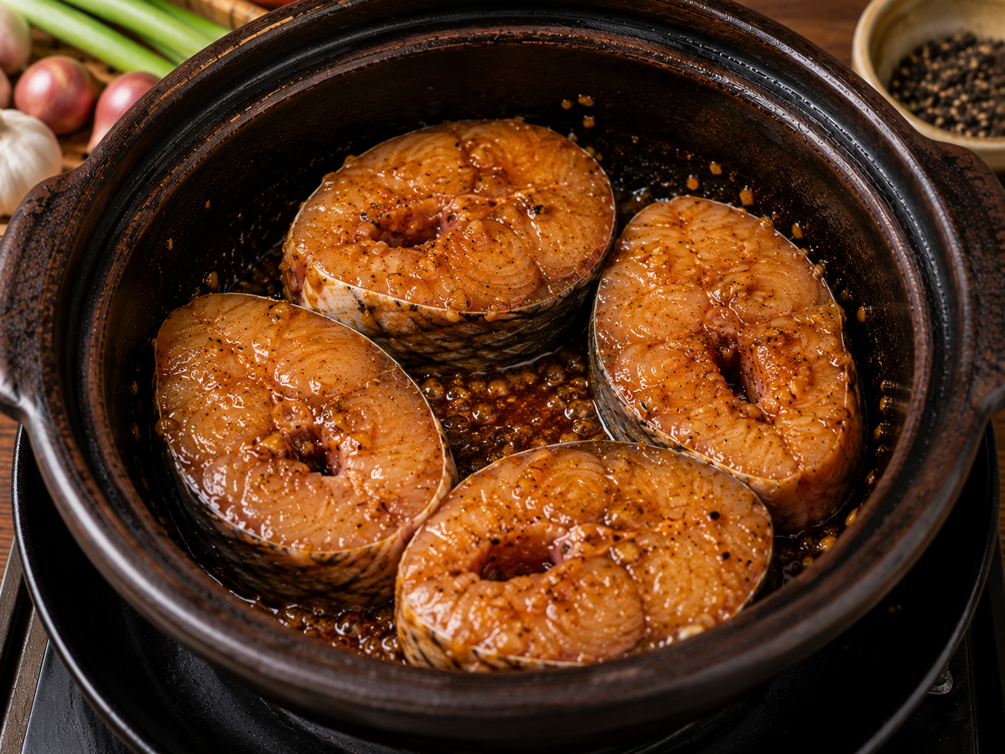 Marinated catfish steaks coated in caramel, shallots, garlic, and black pepper inside a clay pot while preparing cá kho tộ.