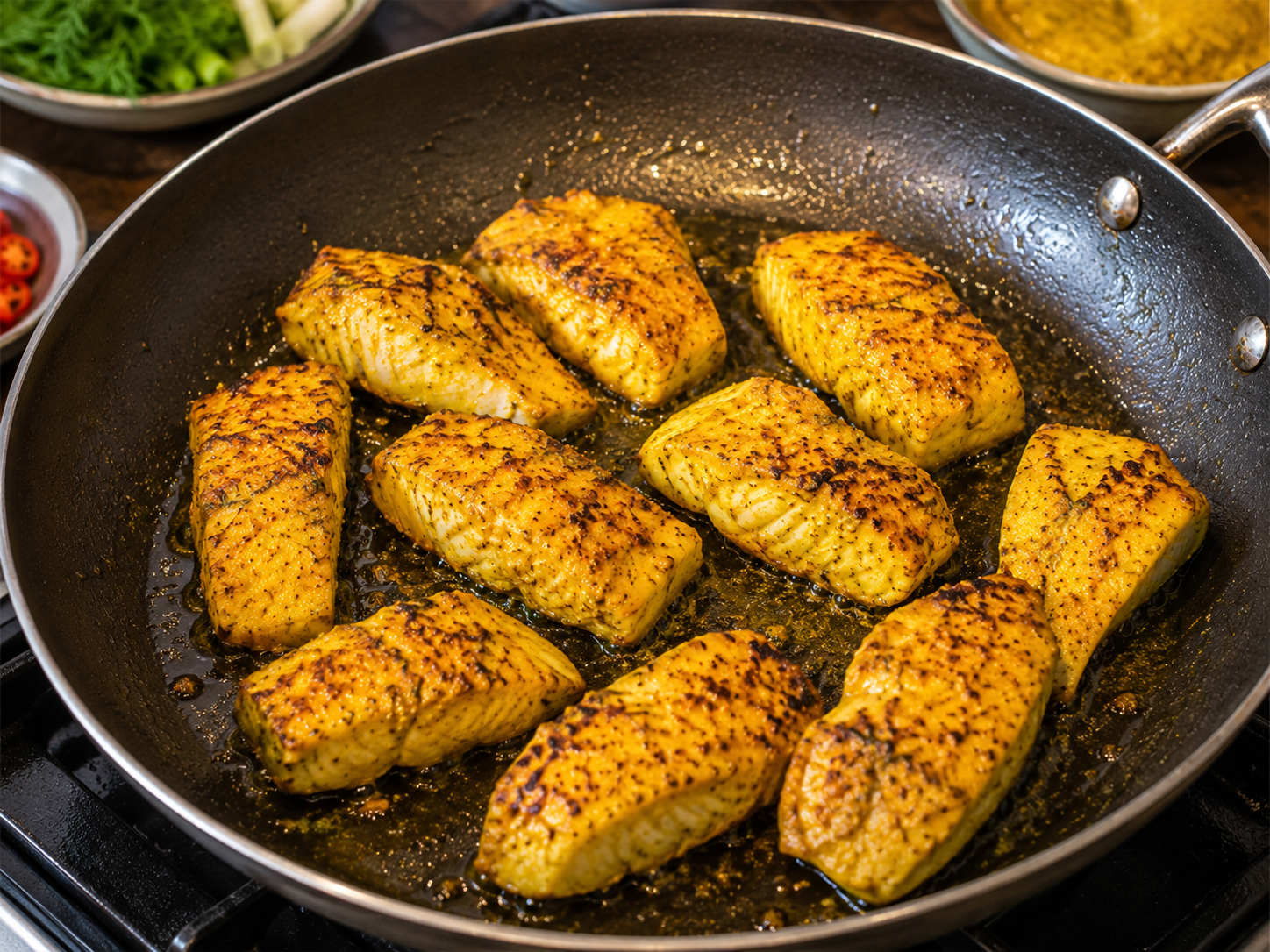 Turmeric-marinated fish searing in a hot skillet until golden at the edges for Chả Cá Lã Vọng.
