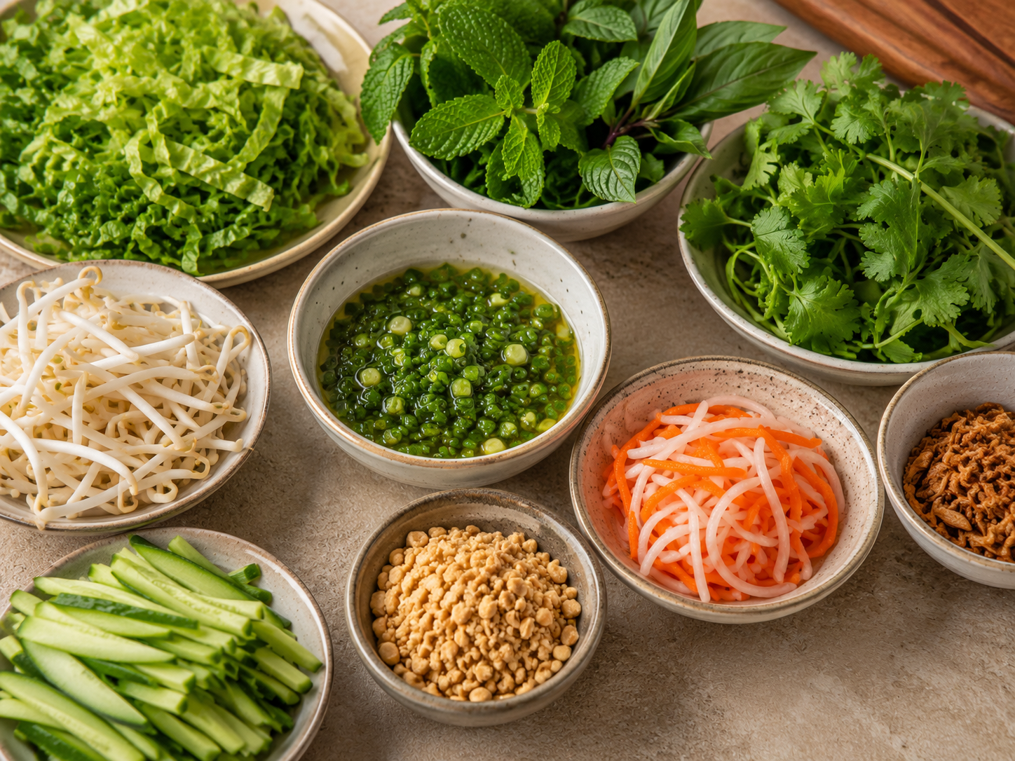 Scallion oil, crushed peanuts, fresh herbs, cucumber, bean sprouts, and pickled vegetables ready for bún thịt nướng.