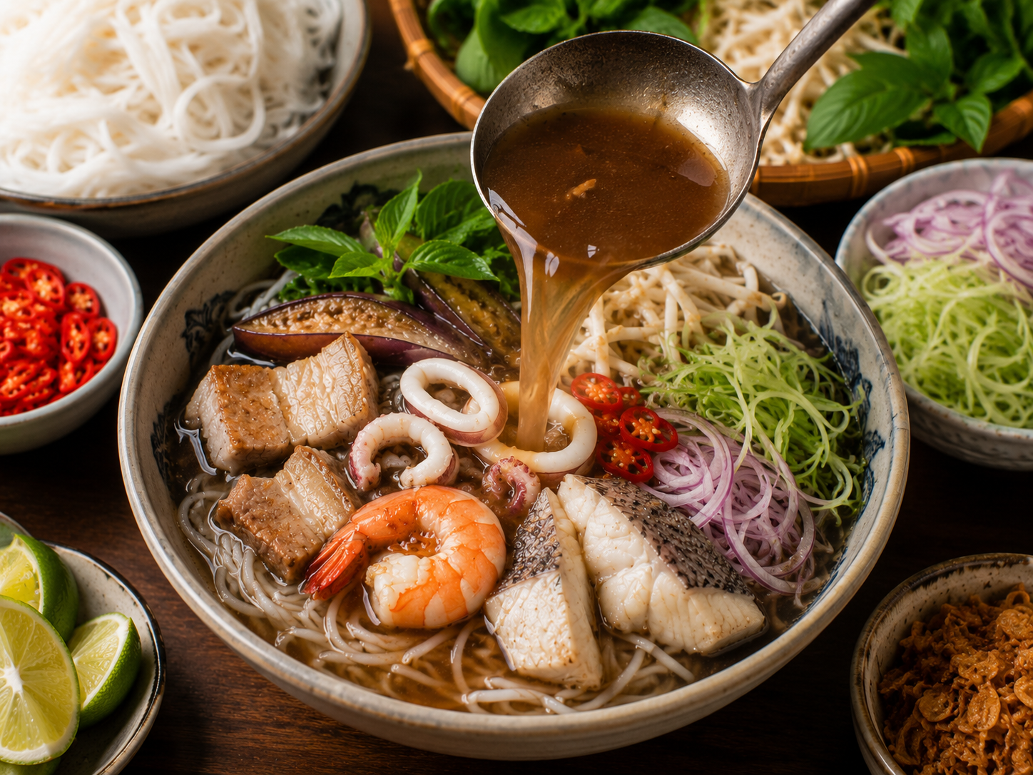 Hot fermented fish broth being ladled over rice vermicelli noodles, seafood, pork belly, eggplant, herbs, and vegetables to assemble bún mắm.