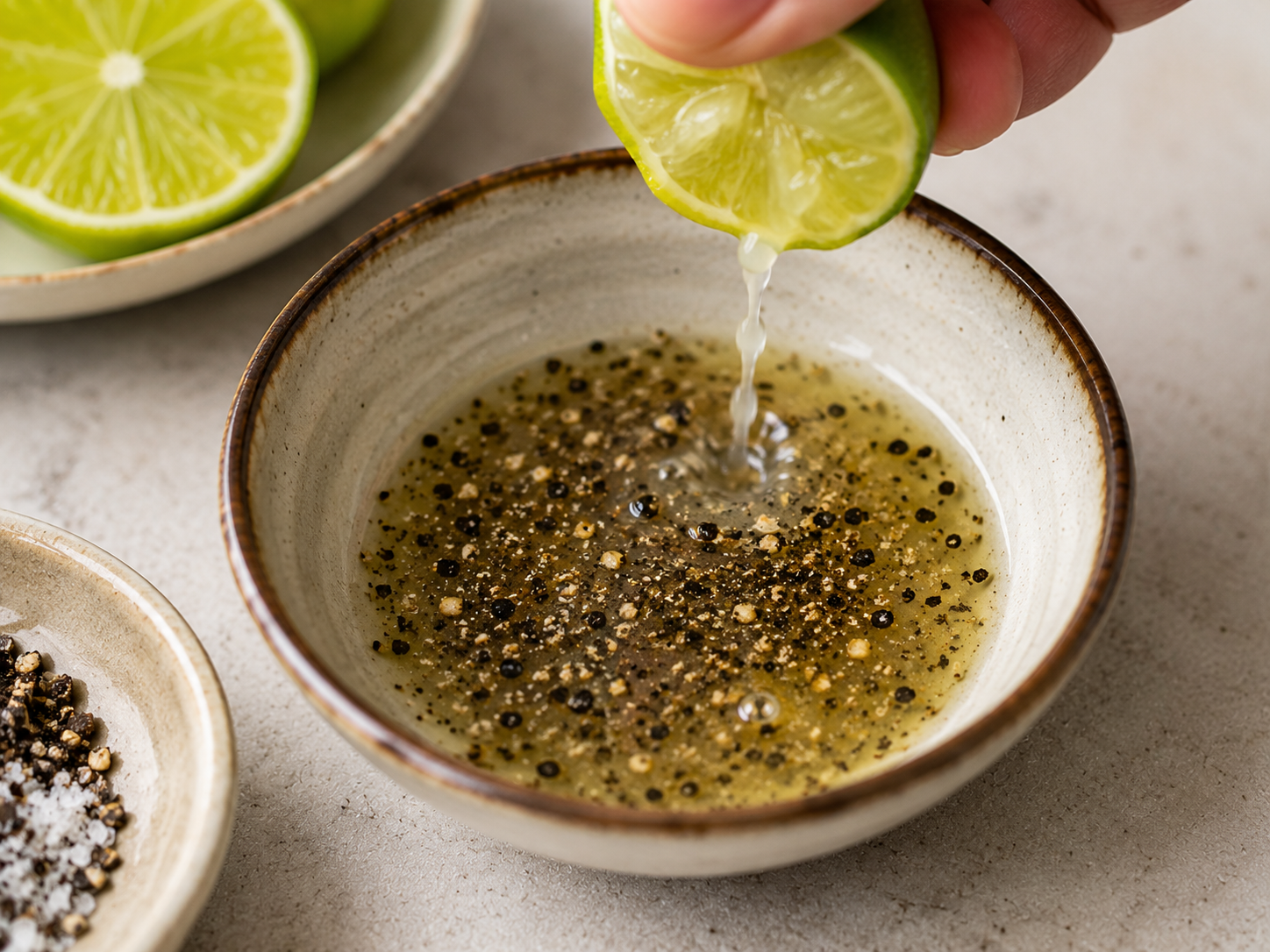 Fresh lime juice being squeezed into salt and coarsely ground black pepper to make the dipping sauce for bò lúc lắc.