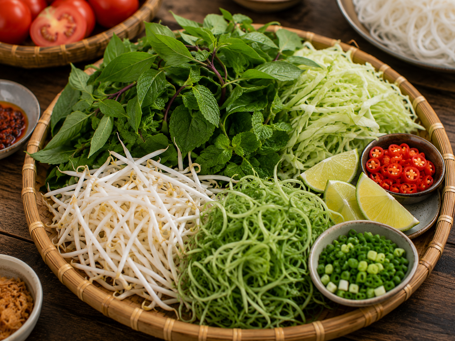 Fresh herbs and vegetables for bún riêu arranged in a bamboo basket with bean sprouts, shredded greens, mint, basil, lime, chilies, and scallions.