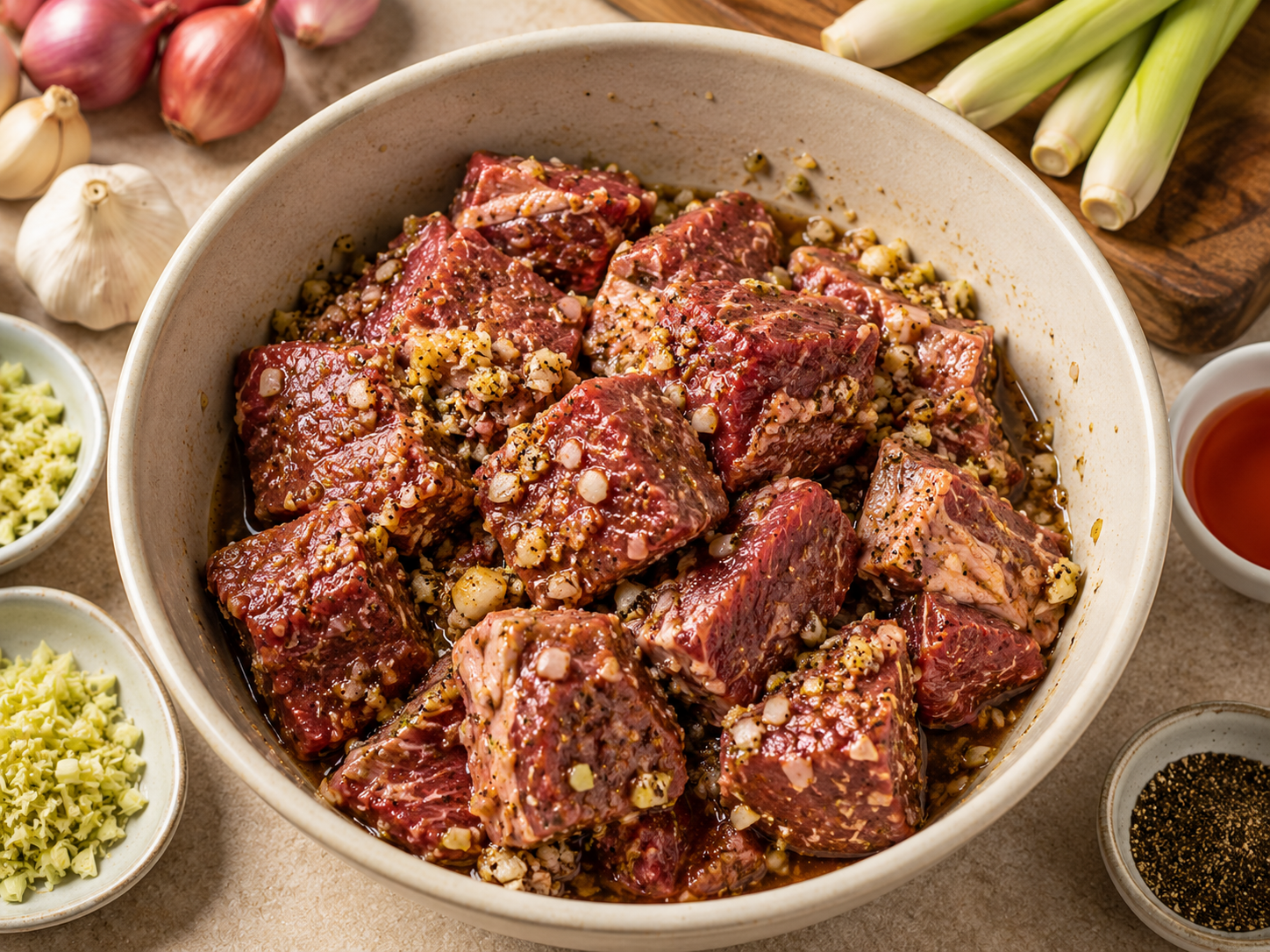 Beef for bò kho marinating with lemongrass, garlic, shallots, ginger, fish sauce, and warm spices.