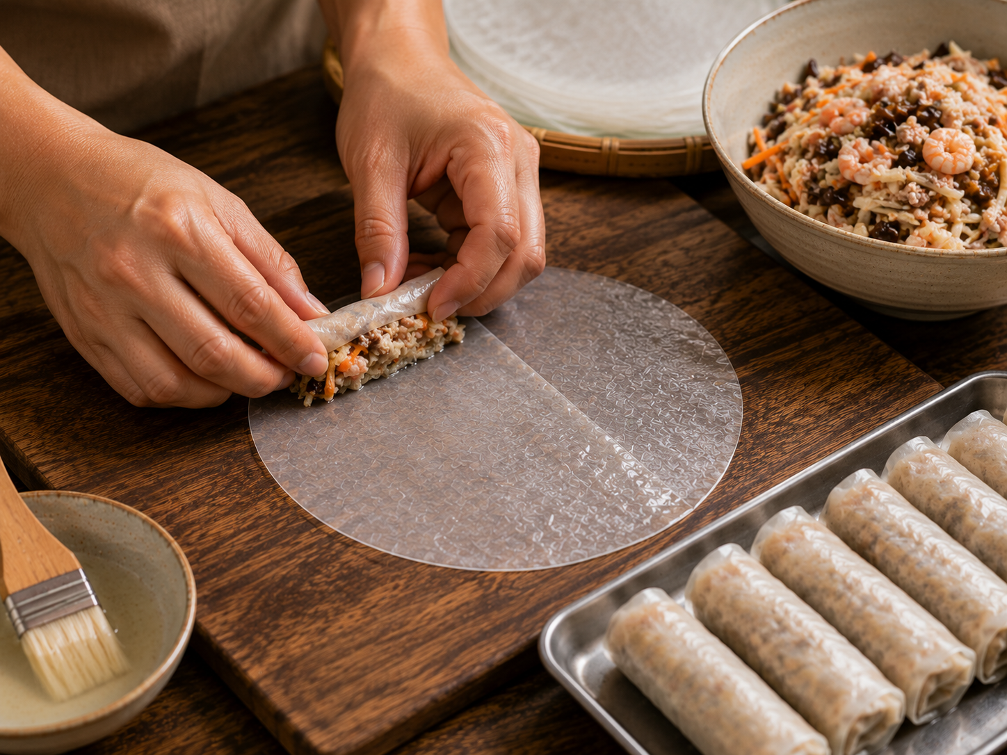 Hands rolling pork, shrimp, taro, carrot, wood ear mushroom, and glass noodle filling inside rice paper for Vietnamese chả giò.