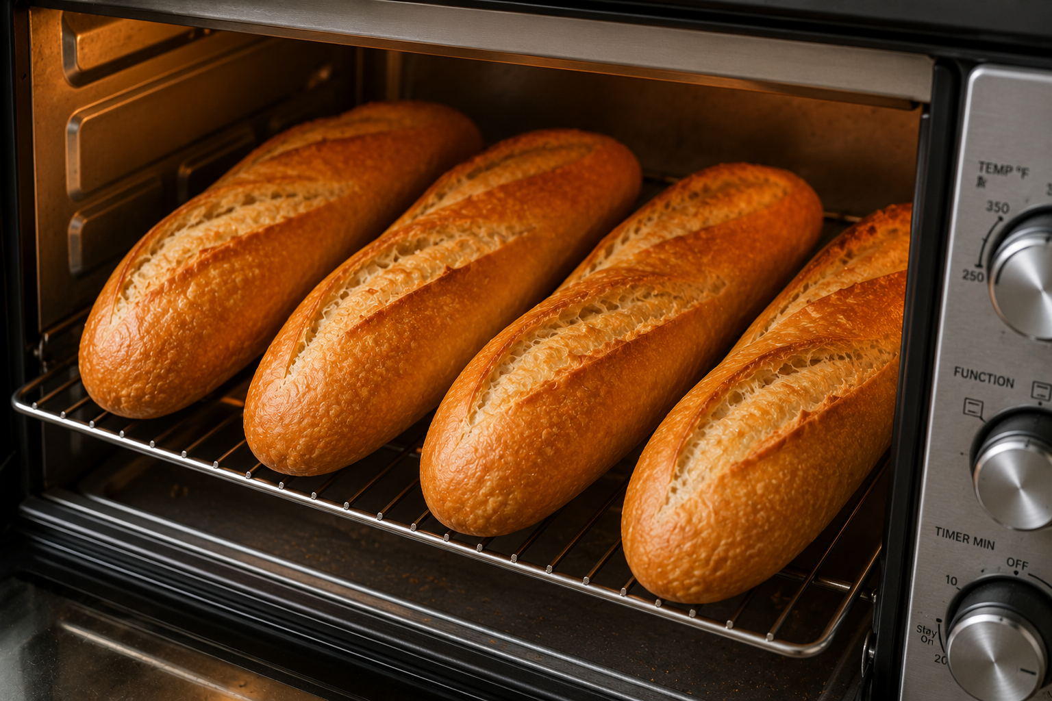 Vietnamese-style baguettes warming in a small oven until crisp before making bánh mì thịt nguội.