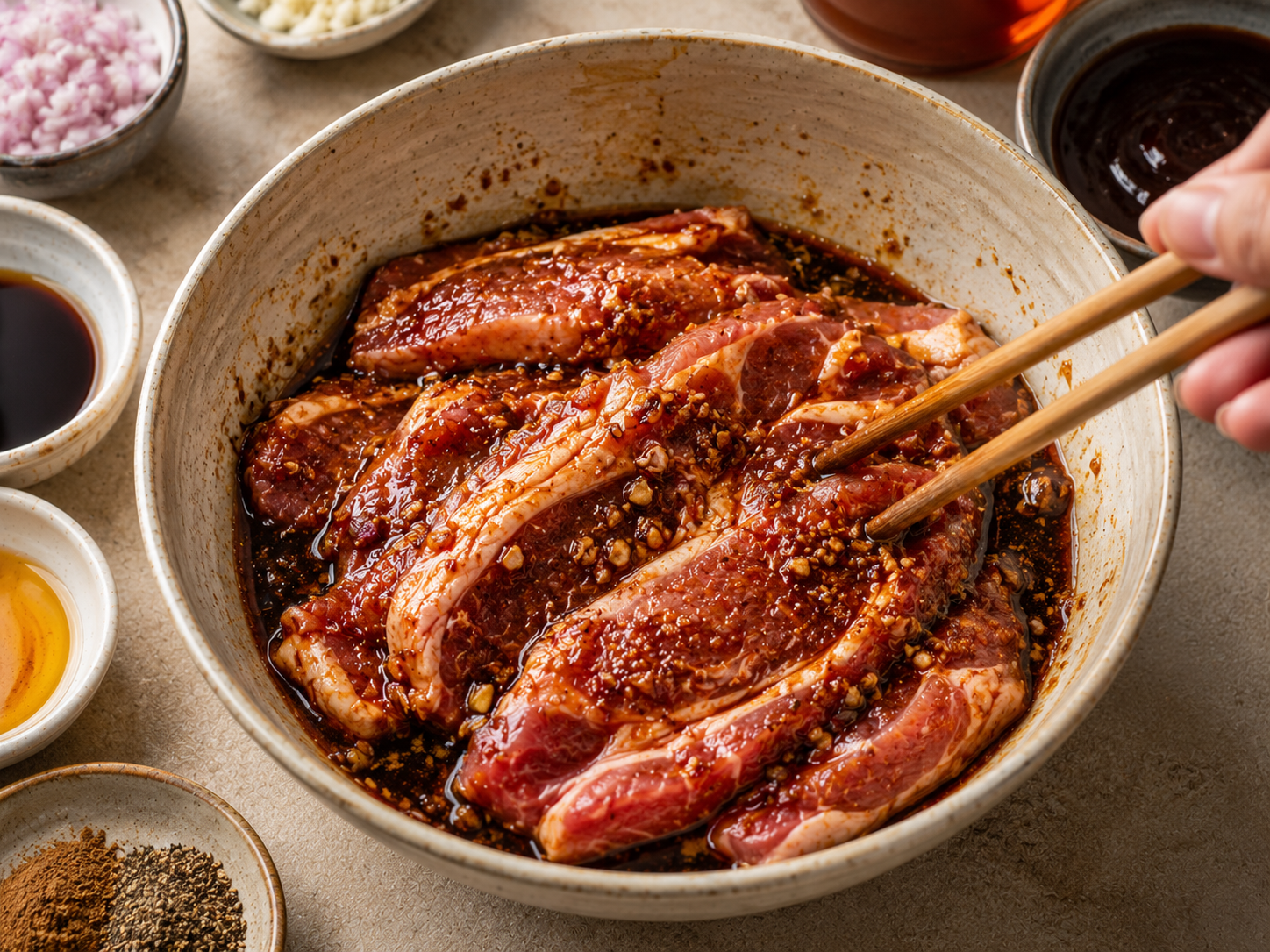 Pork for cao lầu marinating in a ceramic bowl with dark soy-based sauce, garlic, shallots, five-spice, and seasonings before cooking.
