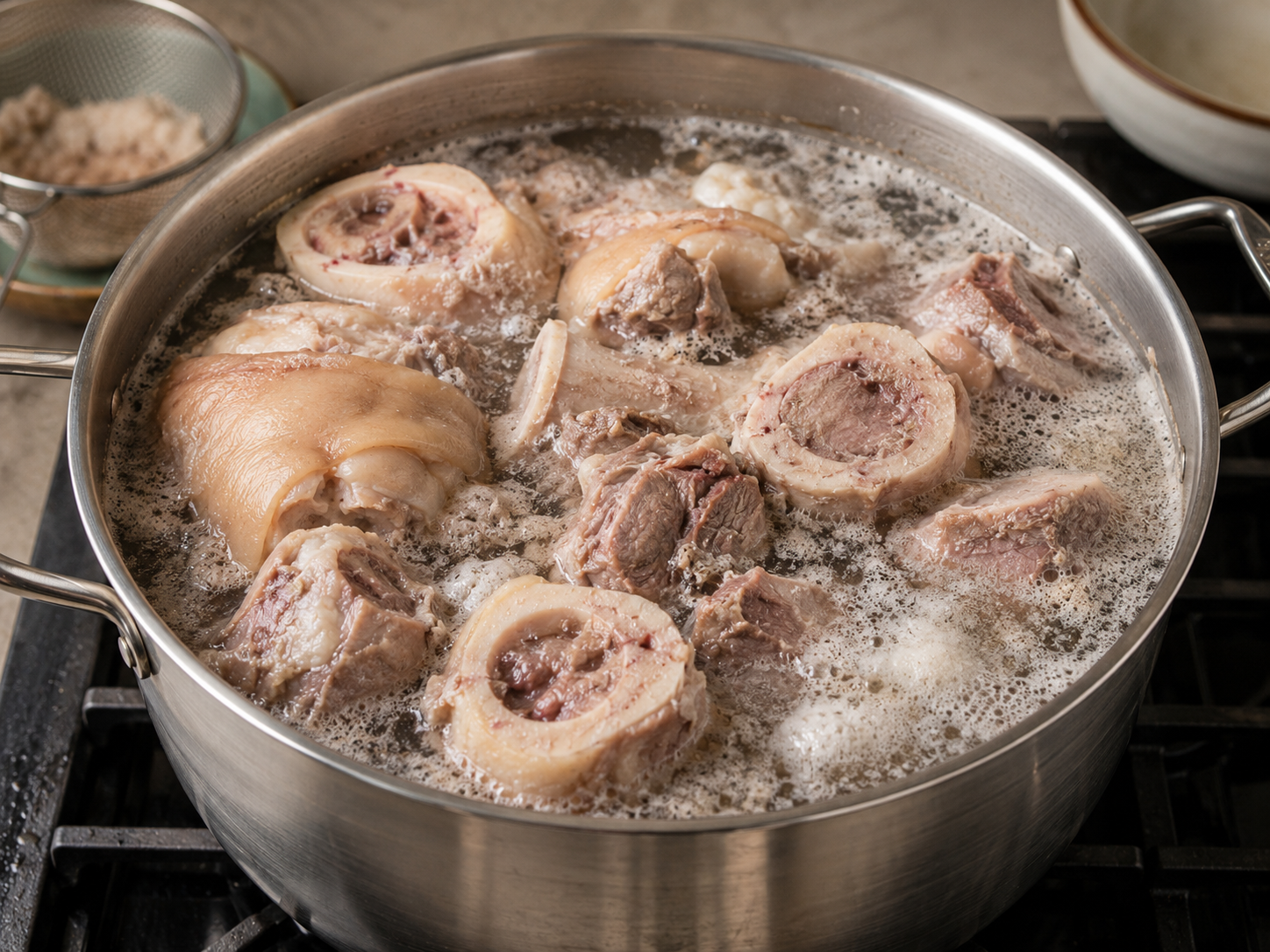 Beef bones and pork hock boiling in a stockpot during the blanching step for bún bò Huế broth.