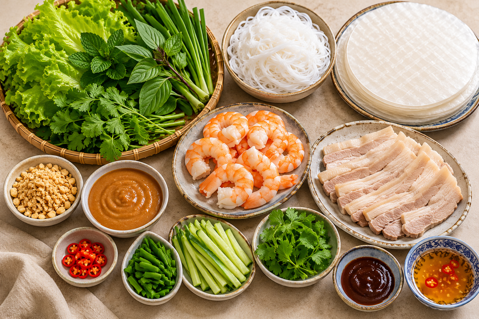 Ingredients for gỏi cuốn including rice paper, shrimp, pork, rice vermicelli, lettuce, herbs, cucumber, hoisin sauce, and peanuts.