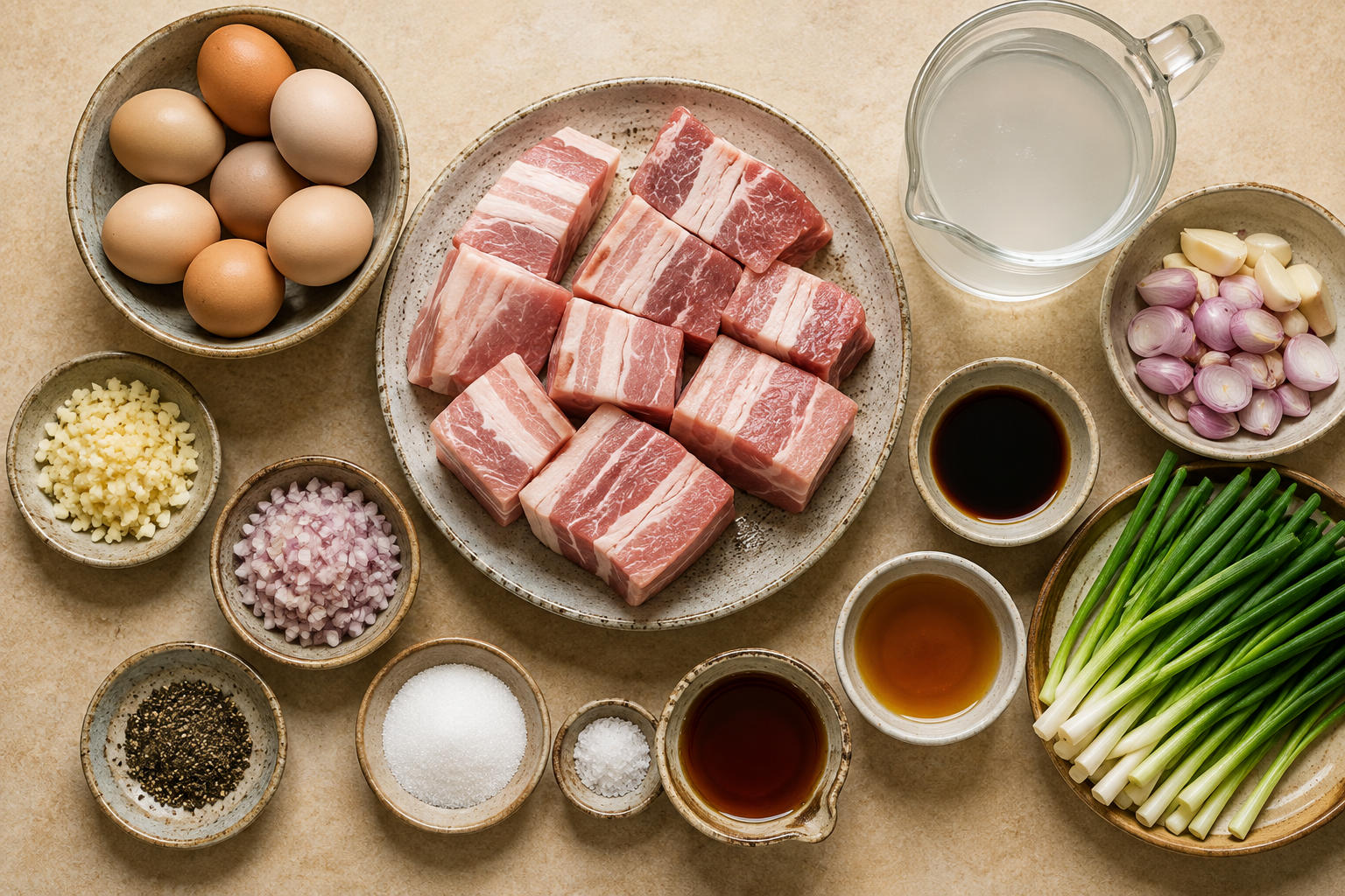 Ingredients for thịt kho trứng arranged with pork belly, eggs, coconut water, fish sauce, shallots, garlic, sugar, salt, and black pepper.