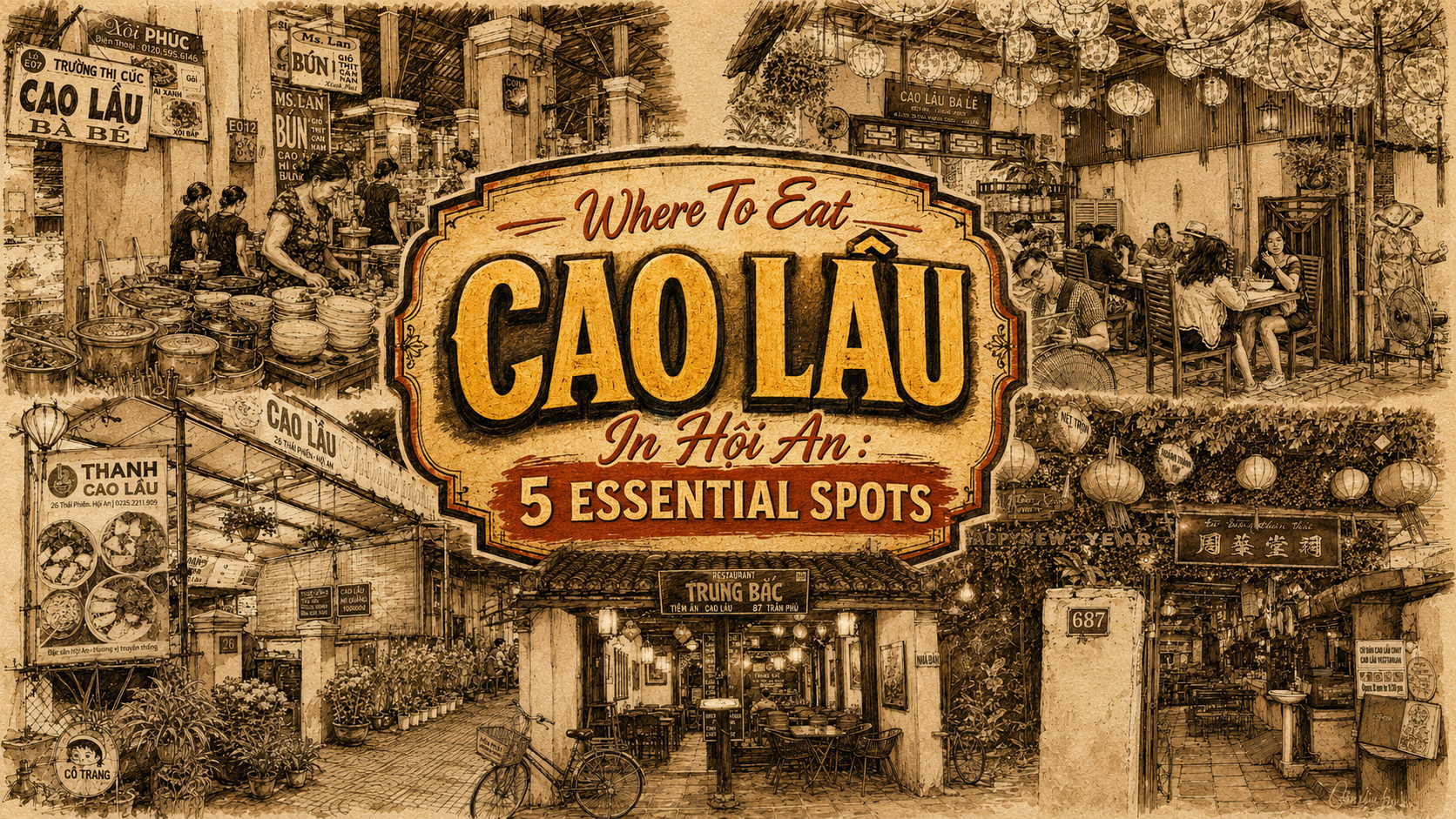 Sepia hand-drawn FKN DELICIOUSNESS hero collage for Where To Eat Cao Lầu In Hội An, featuring illustrated Hội An restaurant storefronts, lanterns, street stalls, diners, and a bold central Cao Lầu title panel.