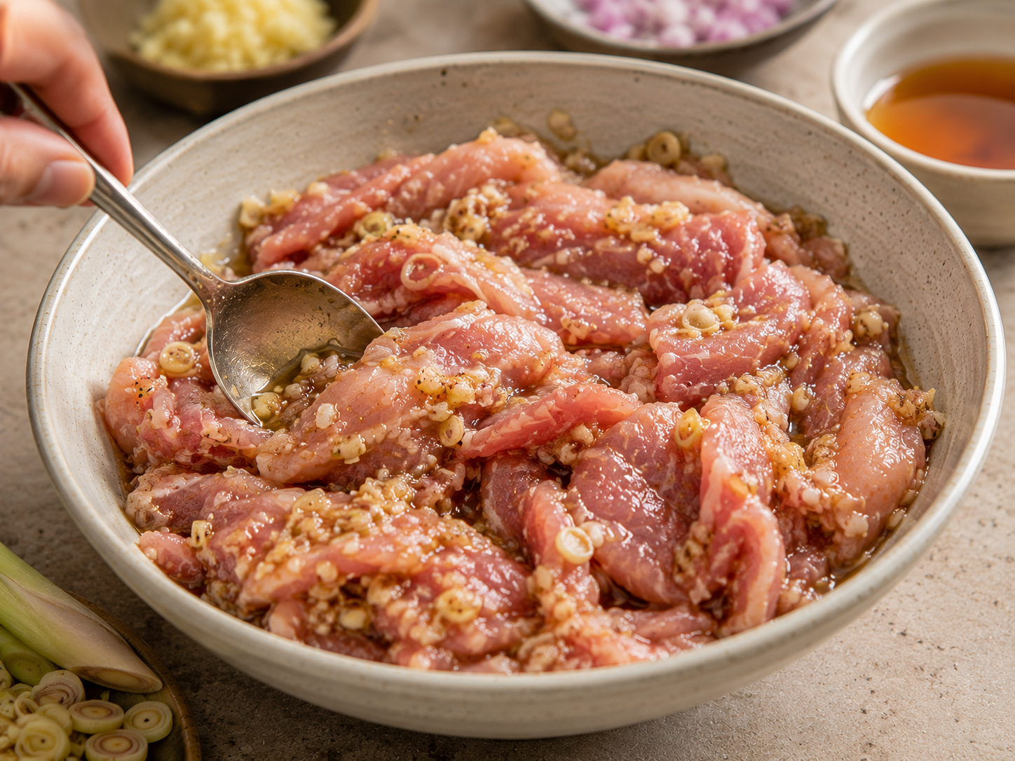 Thinly sliced pork for bún thịt nướng coated in lemongrass, garlic, shallot, fish sauce, and sugar marinade.
