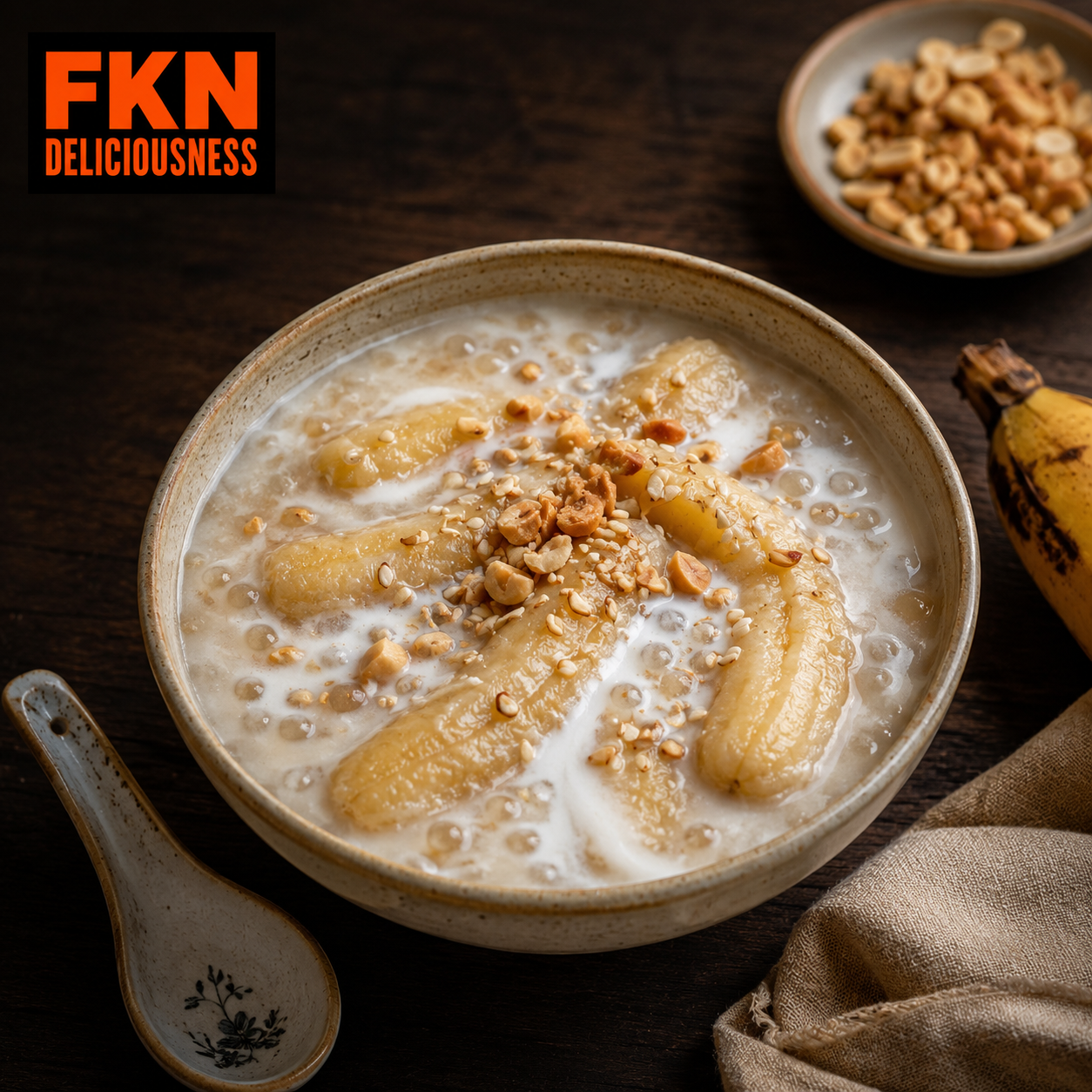 Chè chuối, a Vietnamese banana coconut tapioca dessert, served with tender banana pieces, translucent tapioca pearls, coconut cream, toasted peanuts, and sesame.