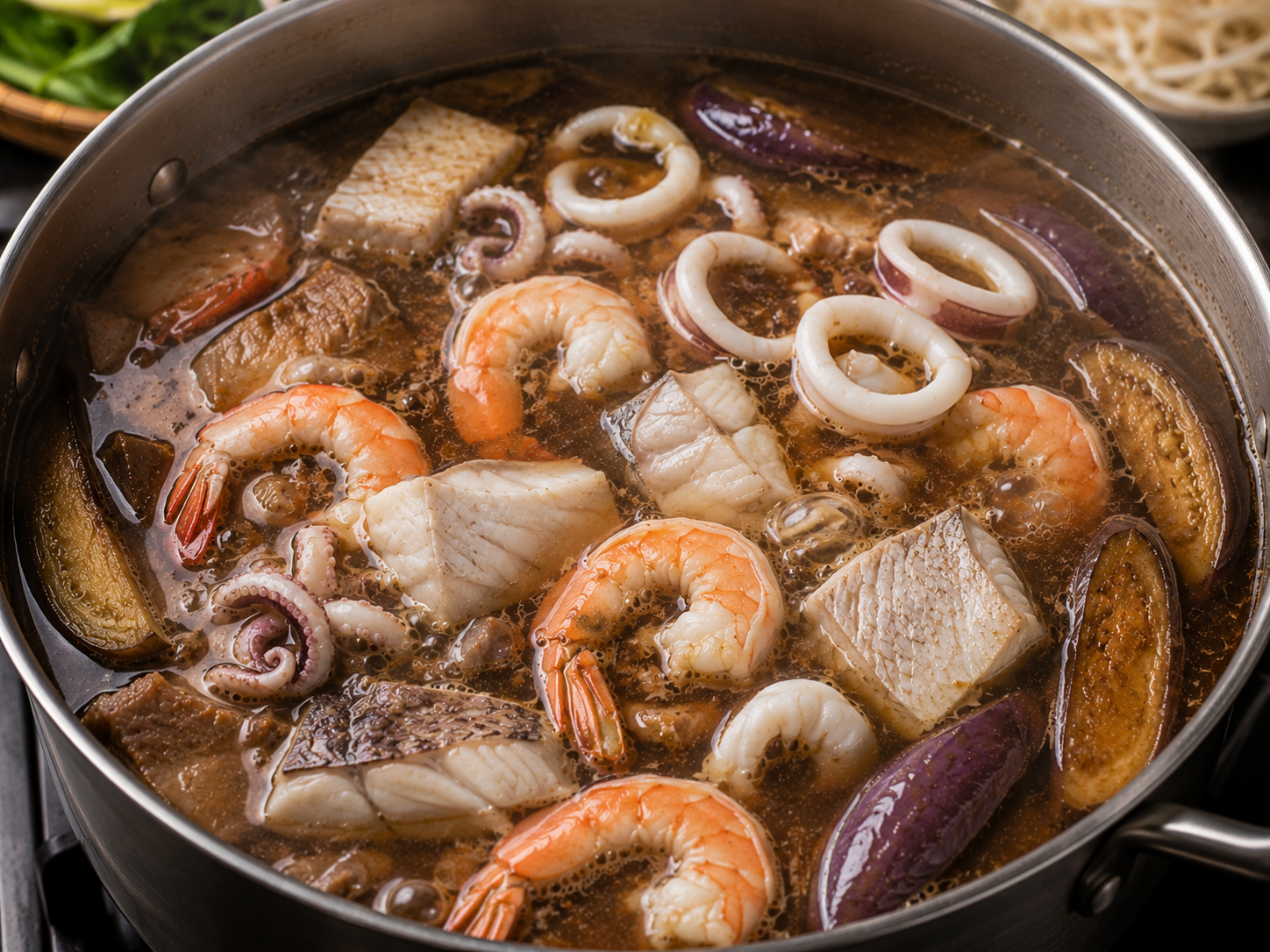 Shrimp, squid, and white fish gently poaching in dark bún mắm broth with eggplant.