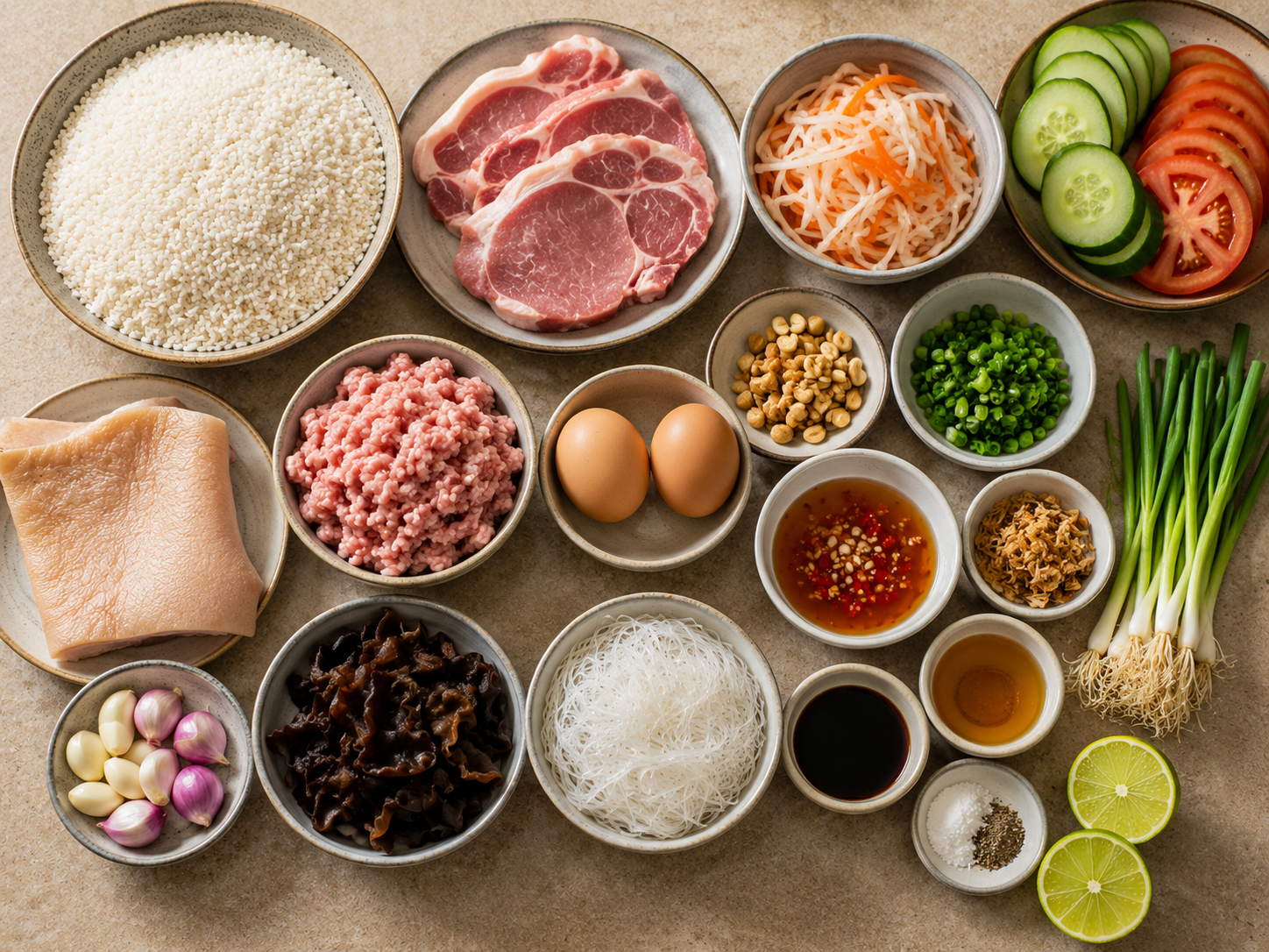 Ingredients for Cơm Tấm including broken rice, pork chops, eggs, ground pork, glass noodles, wood ear mushrooms, pork skin, pickled vegetables, cucumber, scallions, garlic, fish sauce, and lime.