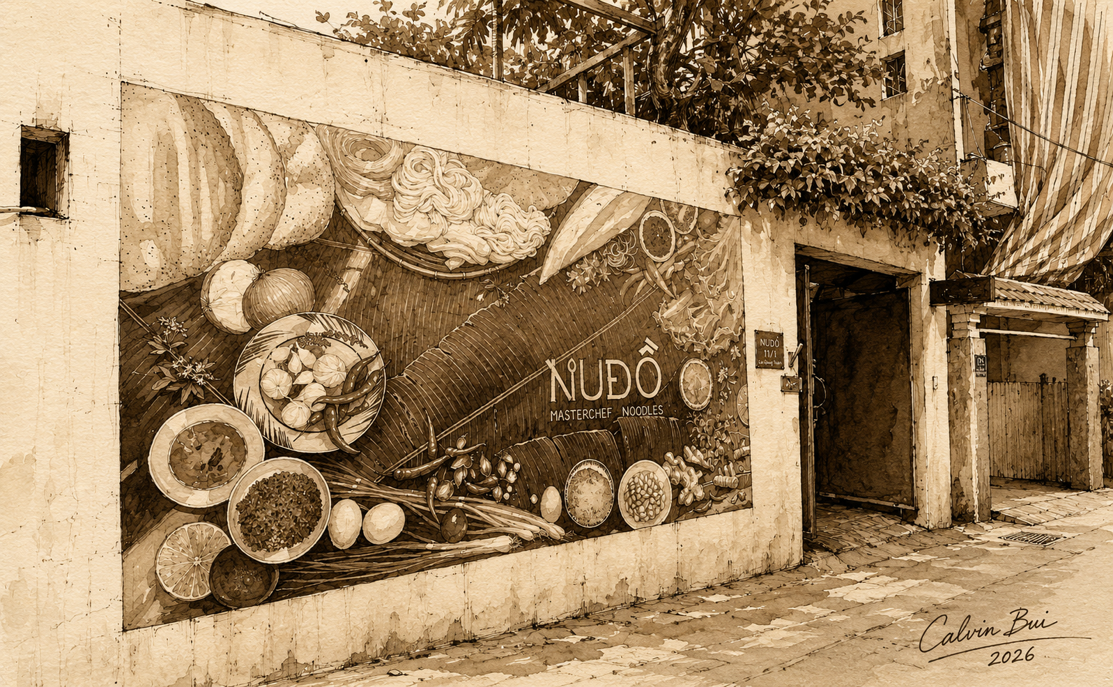 Hand-drawn sepia urban sketch of the NU ĐỒ Kitchen mural entrance in Đà Nẵng, showing the painted noodle wall, garden greenery, alleyway, and Calvin Bui 2026 artist signature.
