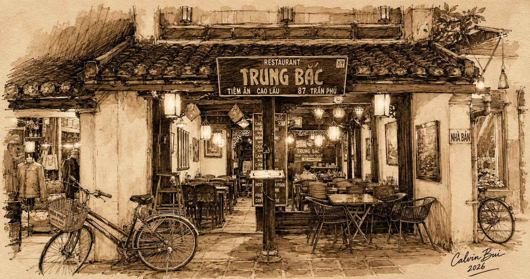 Hand-drawn sepia urban sketch of Trung Bắc Restaurant in Hội An with yellow walls, hanging lanterns, bicycles, outdoor tables, and the 87 Trần Phú storefront sign.