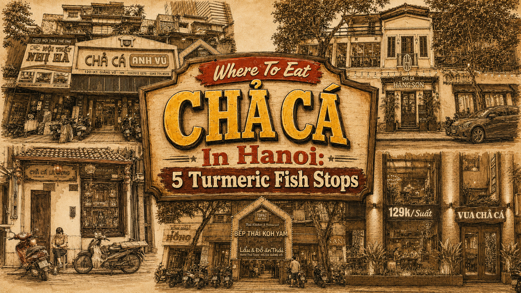 Sepia hand-drawn hero collage of five Hanoi chả cá restaurant storefronts with motorbikes, street signage, and a bold central title for Where To Eat Chả Cá In Hanoi: 5 Turmeric Fish Stops.