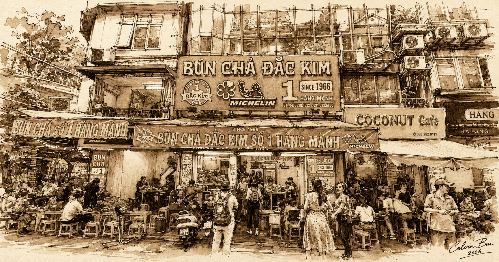 Hand-drawn sepia urban sketch of Bún Chả Đắc Kim on Hàng Mành Street in Hanoi, showing the storefront, street seating, scooters, signage, and people outside the restaurant.