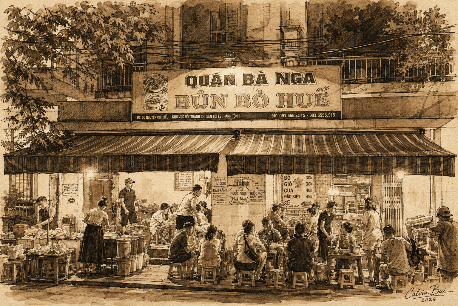 Hand-drawn sepia urban sketch of Quán Bà Nga in Huế, Vietnam, showing the nighttime Bún Bò Huế storefront, striped awnings, street-side diners, small plastic stools, and the busy local noodle shop atmosphere.