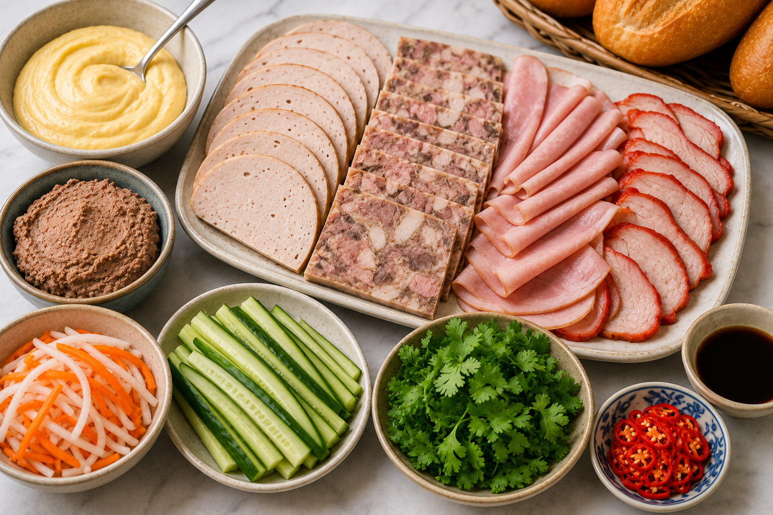 Vietnamese cold cuts, pâté, egg mayonnaise, cucumber, cilantro, chili, seasoning sauce, pickled vegetables, and crisp baguettes prepared for bánh mì thịt nguội.