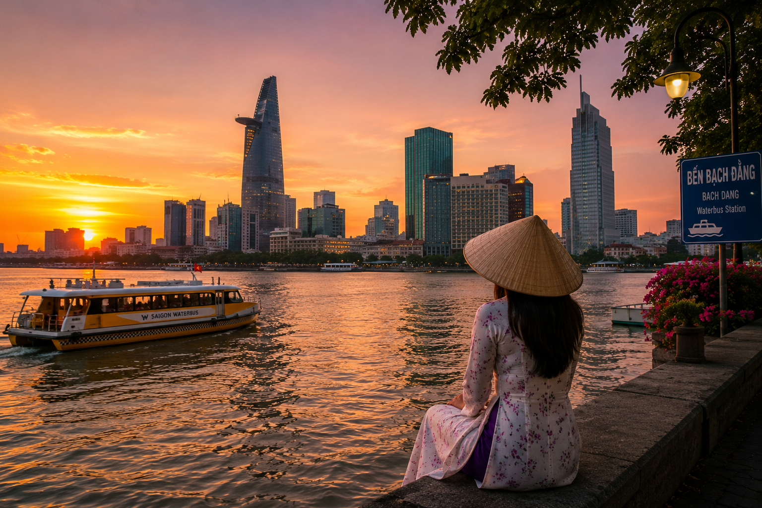 Sunset view of the Saigon riverside skyline with a woman in an áo dài and nón lá watching a waterbus on the river.