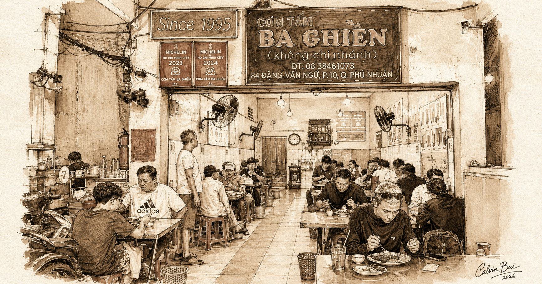 Hand-drawn sepia urban sketch of Cơm Tấm Ba Ghiền in Saigon, showing the restaurant interior, signage, diners, red stools, wall fans, and the Michelin-recognized storefront atmosphere.