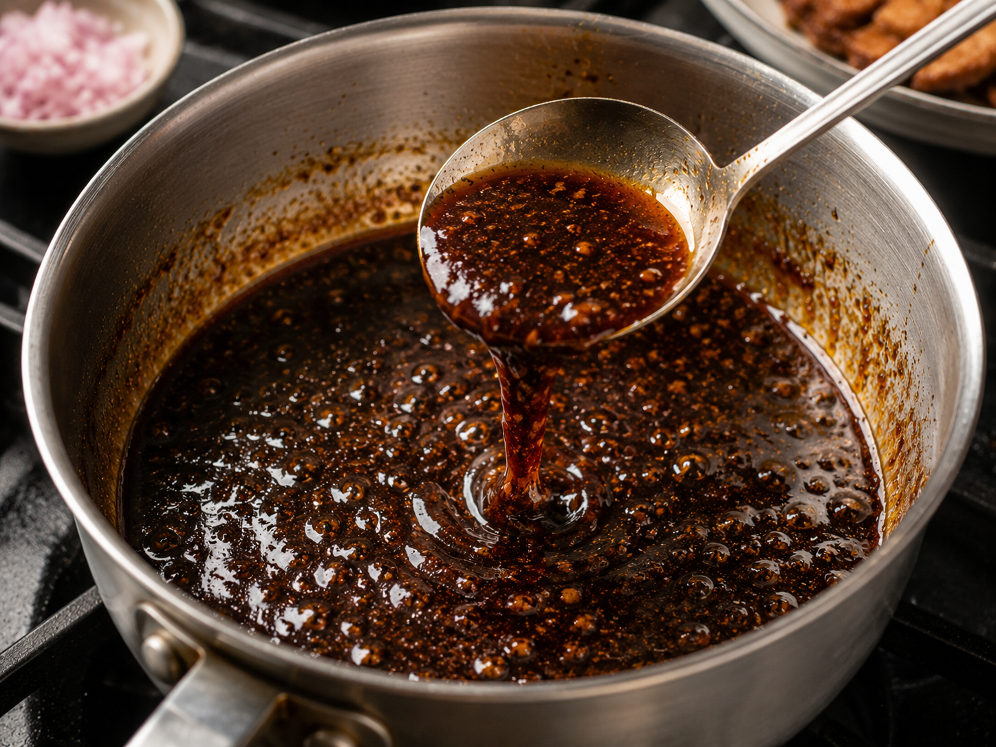 Dark savory sauce for cao lầu simmering in a saucepan with a ladle, reduced until glossy and concentrated for coating the noodles.