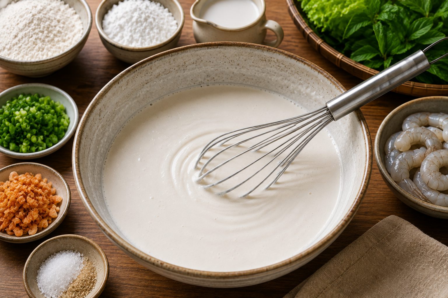 Smooth bánh khọt batter made with rice flour, tapioca starch, coconut milk, and water being whisked in a ceramic bowl.