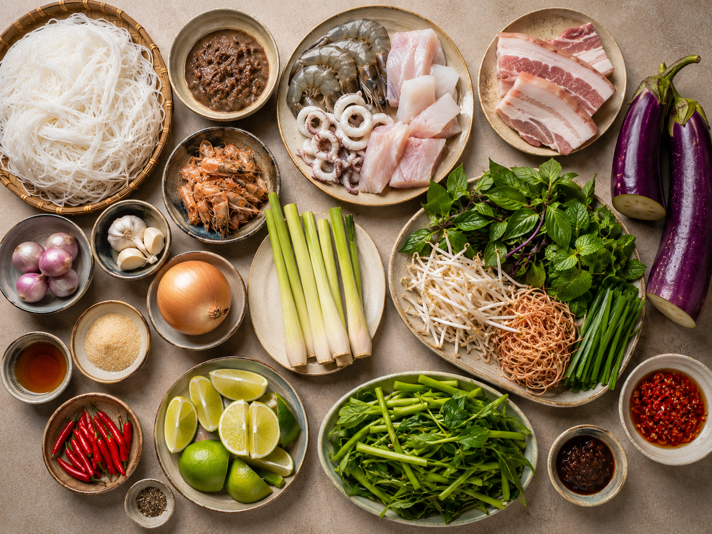 Ingredients for bún mắm arranged on a table, including fermented fish, rice noodles, shrimp, squid, fish, pork belly, eggplant, lemongrass, herbs, lime, and chilies.
