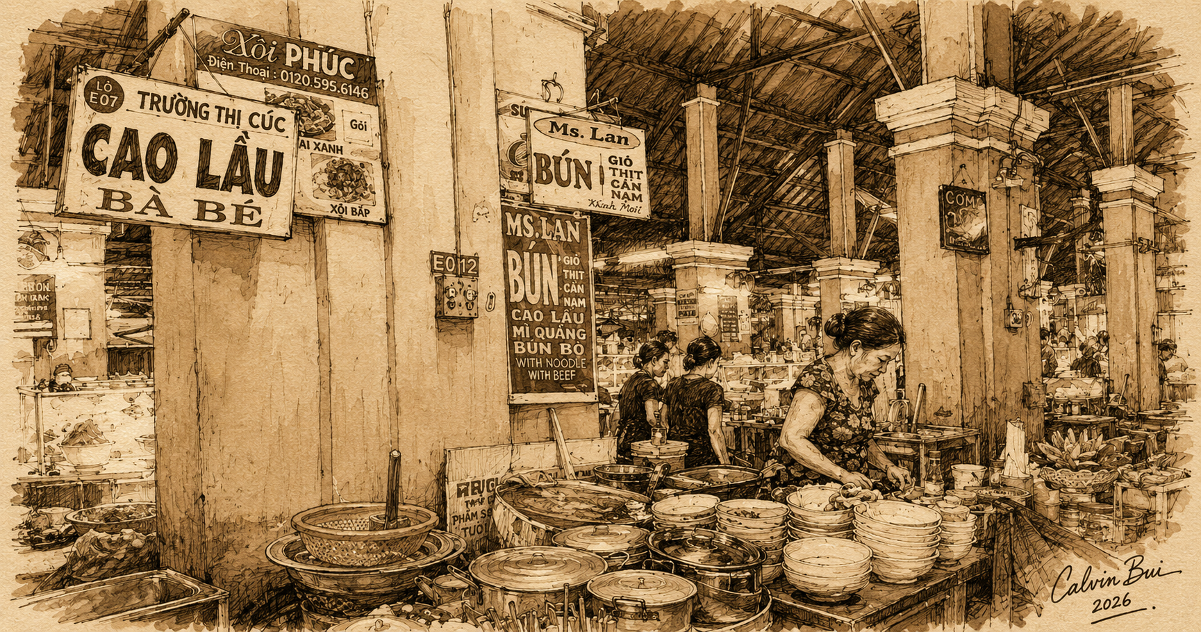 Hand-drawn sepia urban sketch of Cao Lầu Bà Bé inside Hội An Market with food stall signs, yellow columns, cooking pots, stacked bowls, vendors, and market seating.