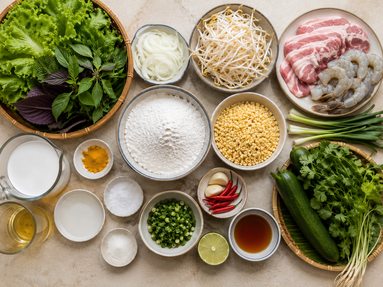 Ingredients for bánh xèo including rice flour, turmeric, coconut milk, shrimp, pork, mung beans, bean sprouts, scallions, lettuce, herbs, cucumber, fish sauce, lime, garlic, and chiles.