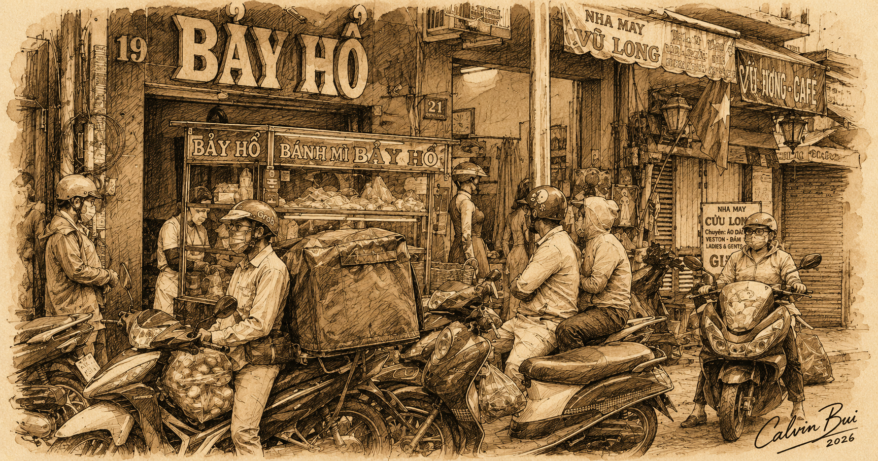 Sepia hand-drawn urban sketch of Bánh Mì Bảy Hổ in Saigon, showing the storefront, bánh mì cart, surrounding shop signs, motorbikes, street traffic, customers, and an artistic cursive Calvin Bui 2026 signature in the lower-right corner.