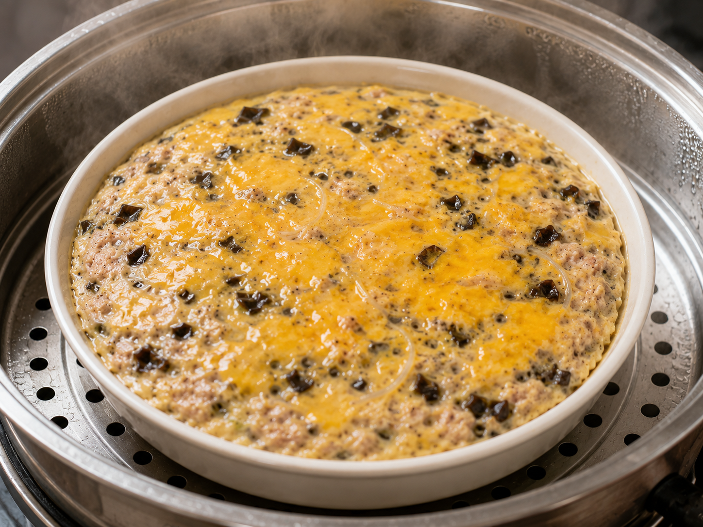 Egg meatloaf for Cơm Tấm steaming in a shallow dish until set with a golden egg yolk top.