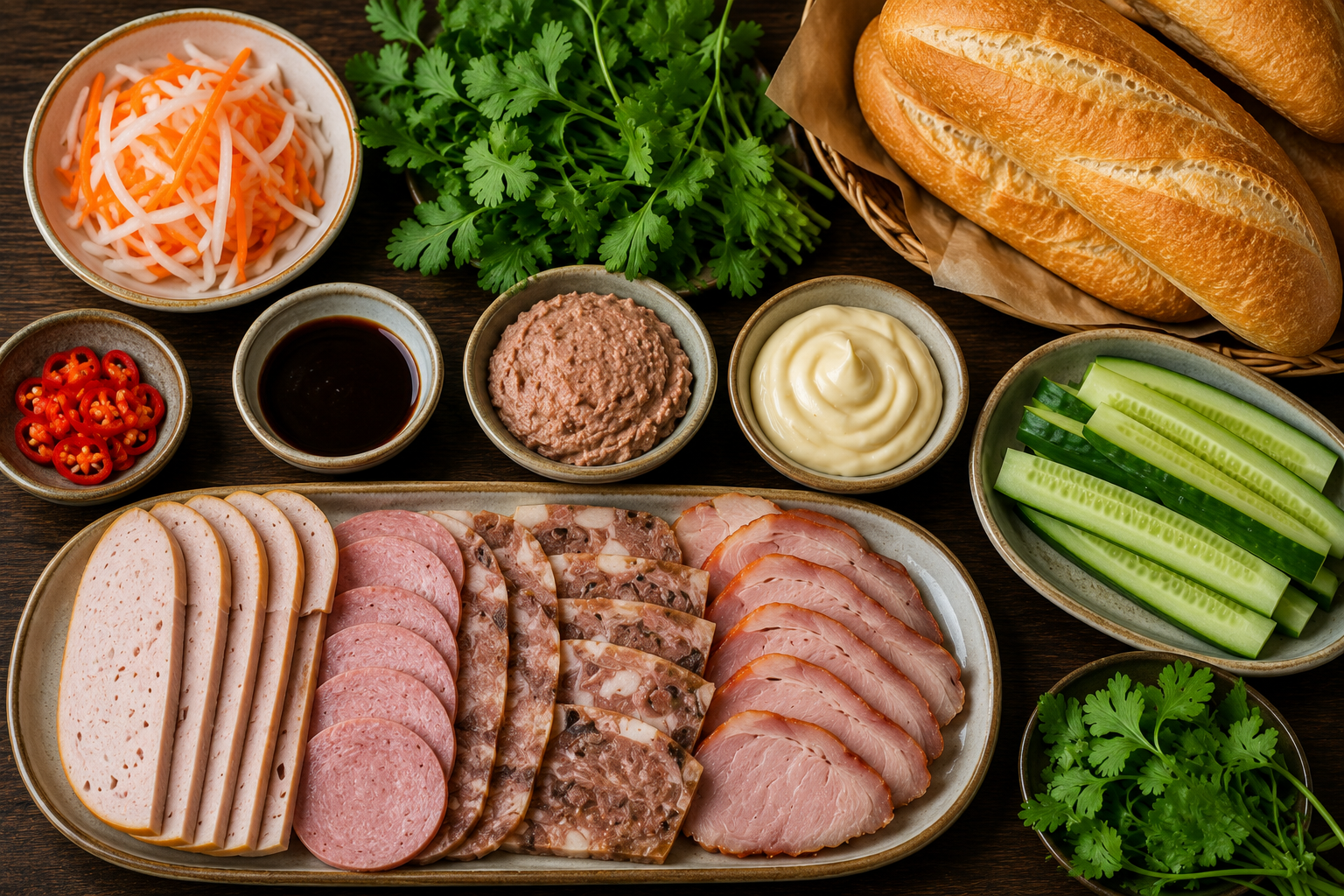 Bánh mì ingredients arranged with Vietnamese cold cuts, pâté, mayonnaise, pickled carrot and daikon, cucumber, cilantro, chili, seasoning sauce, and crisp baguettes.