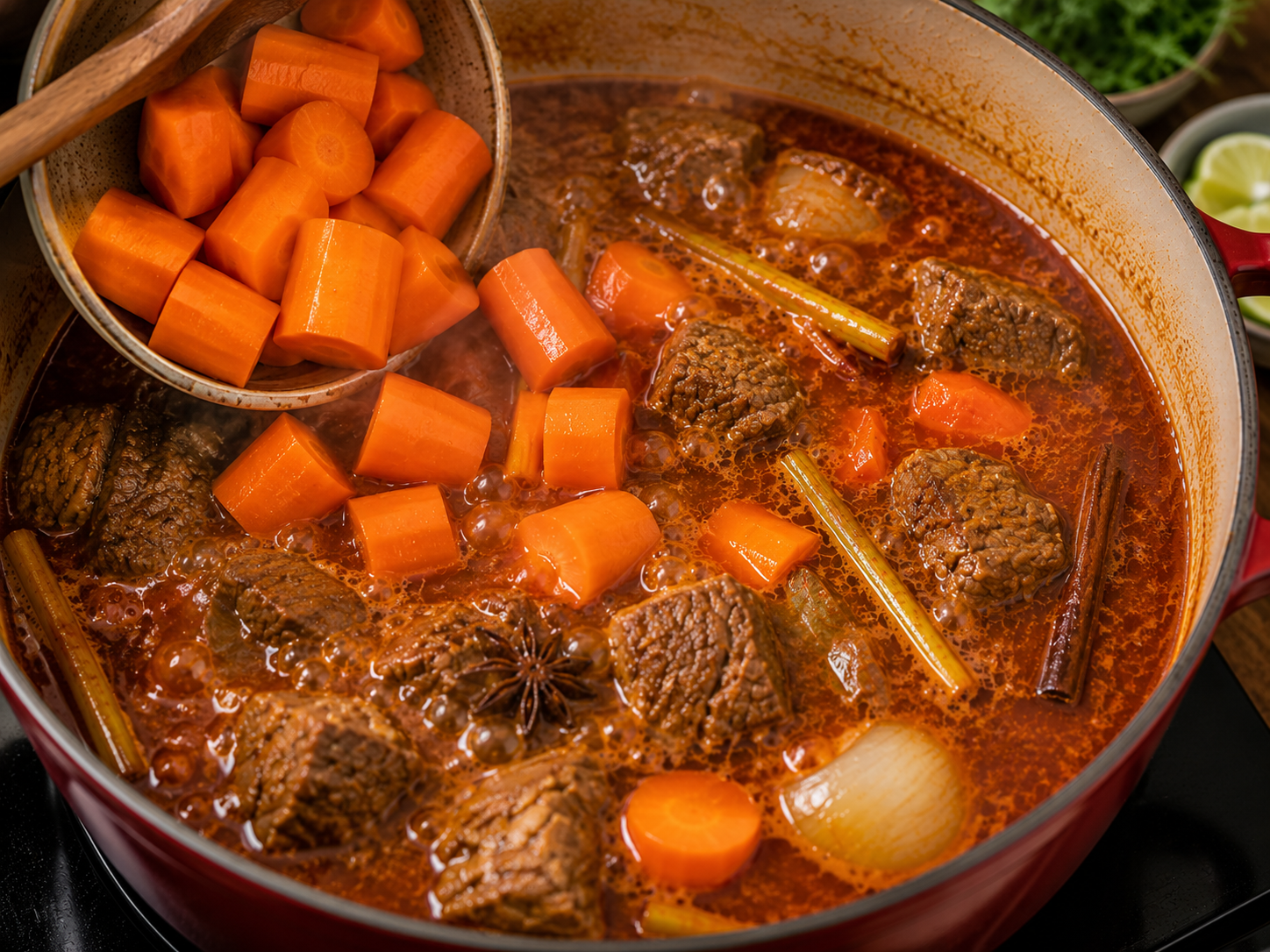 Carrots being added to bò kho Vietnamese beef stew as the beef simmers in fragrant broth.