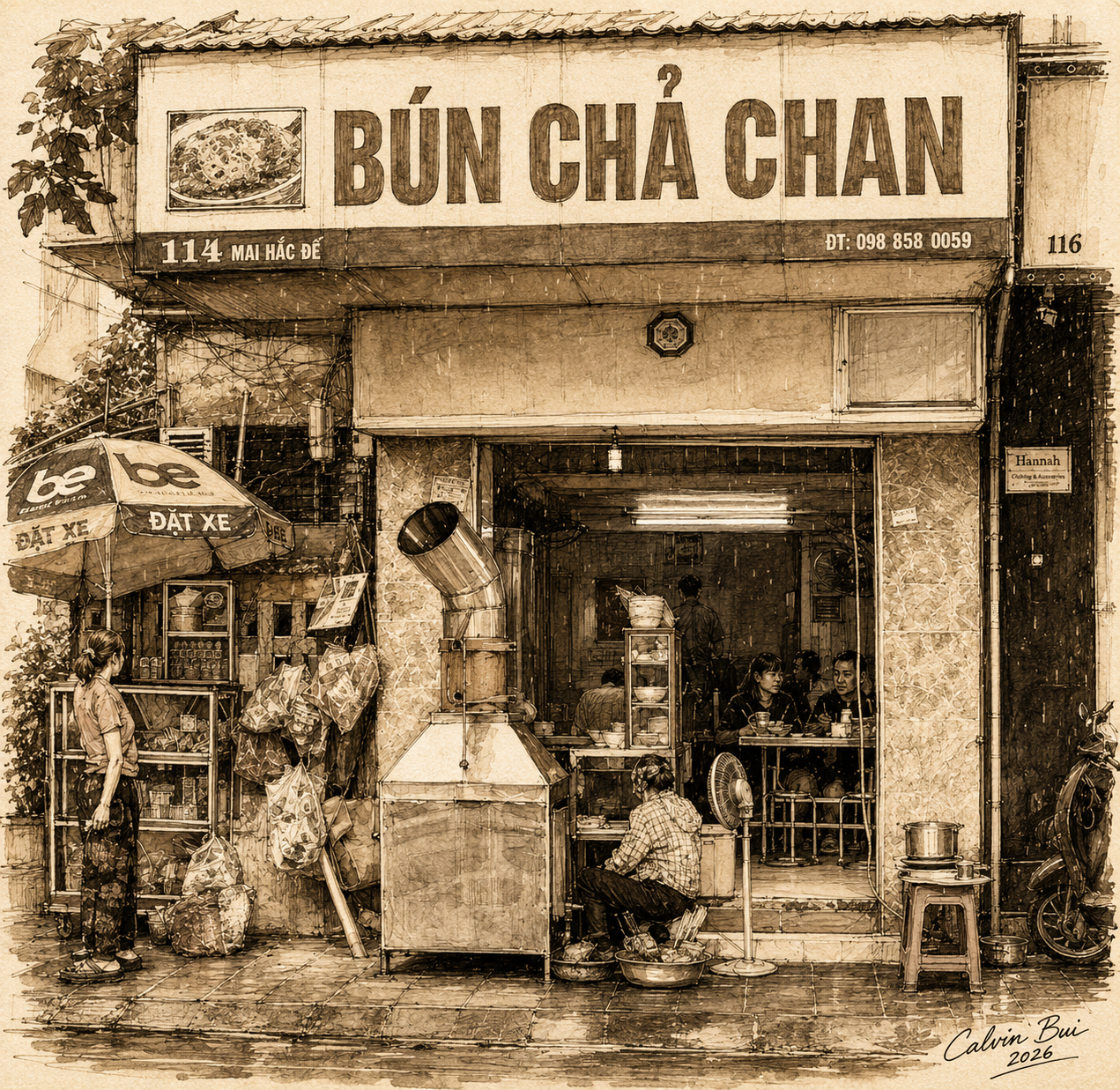 Hand-drawn sepia urban sketch of Bún Chả Chan on Mai Hắc Đế Street in Hanoi, showing the storefront sign, open dining room, sidewalk cooking station, umbrella cart, stools, diners, and wet street atmosphere.