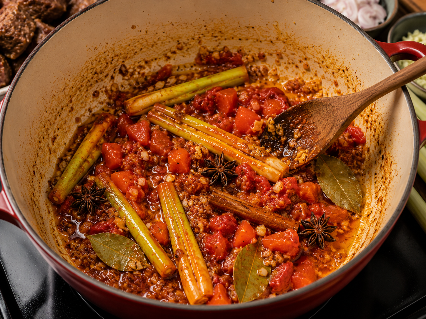 Aromatic base for bò kho with tomatoes, lemongrass, star anise, cinnamon, and annatto oil cooking in a pot.