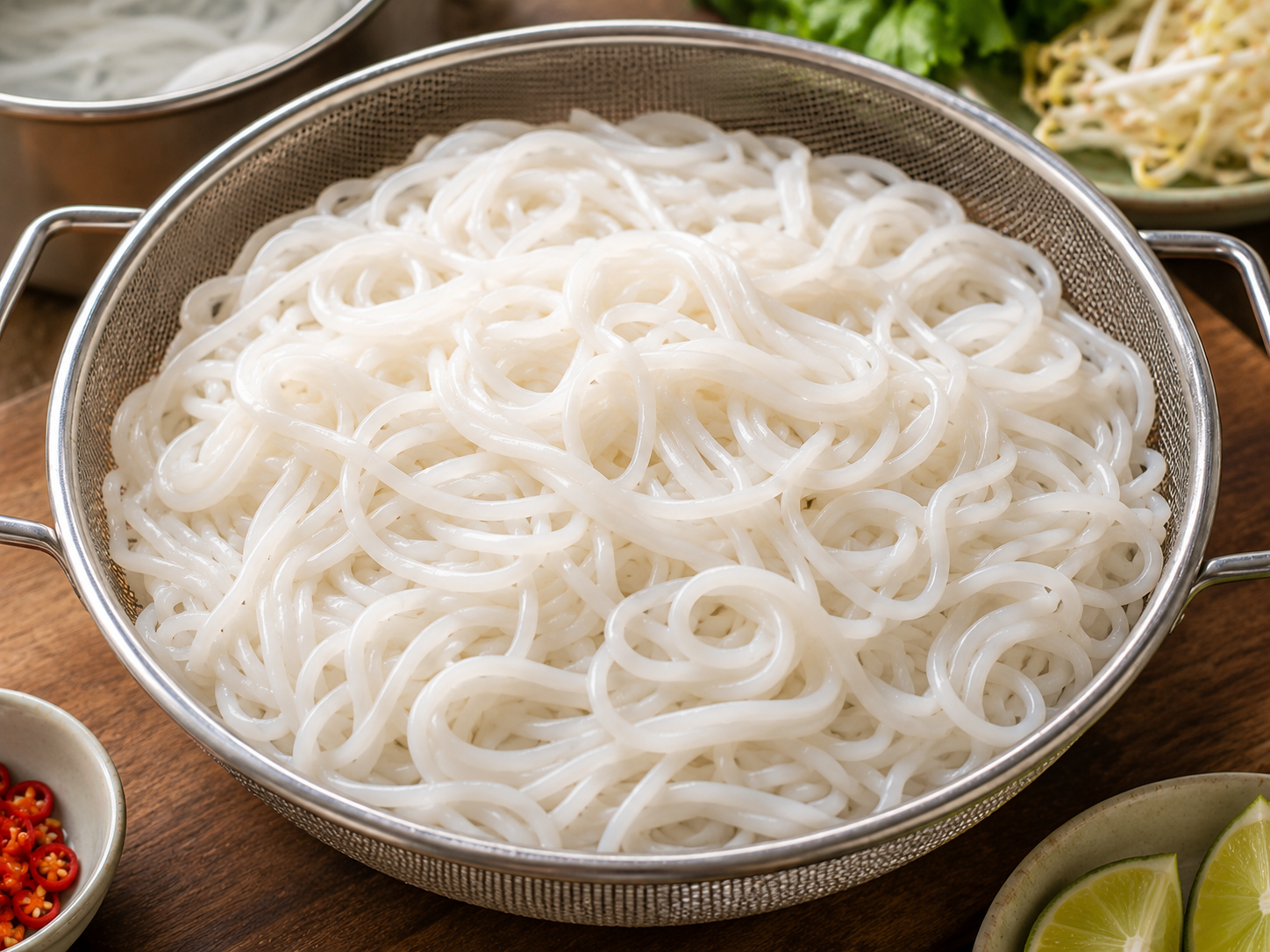 Thick round rice noodles for bún bò Huế drained in a metal colander before the soup bowls are assembled.