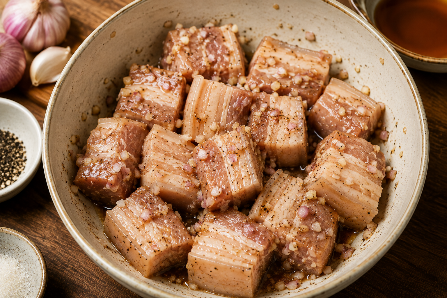 Large pieces of pork belly marinating with fish sauce, sugar, minced shallot, garlic, and black pepper for thịt kho trứng.