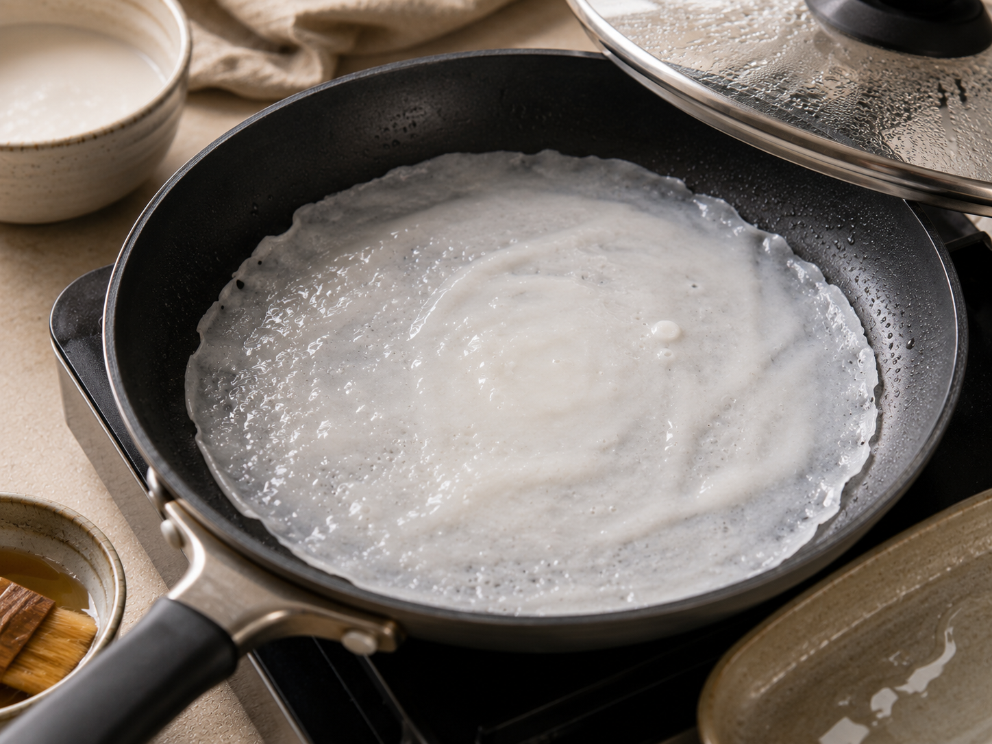 Thin rice batter cooking into a soft translucent rice sheet in a nonstick pan for bánh cuốn Vietnamese steamed rice rolls.