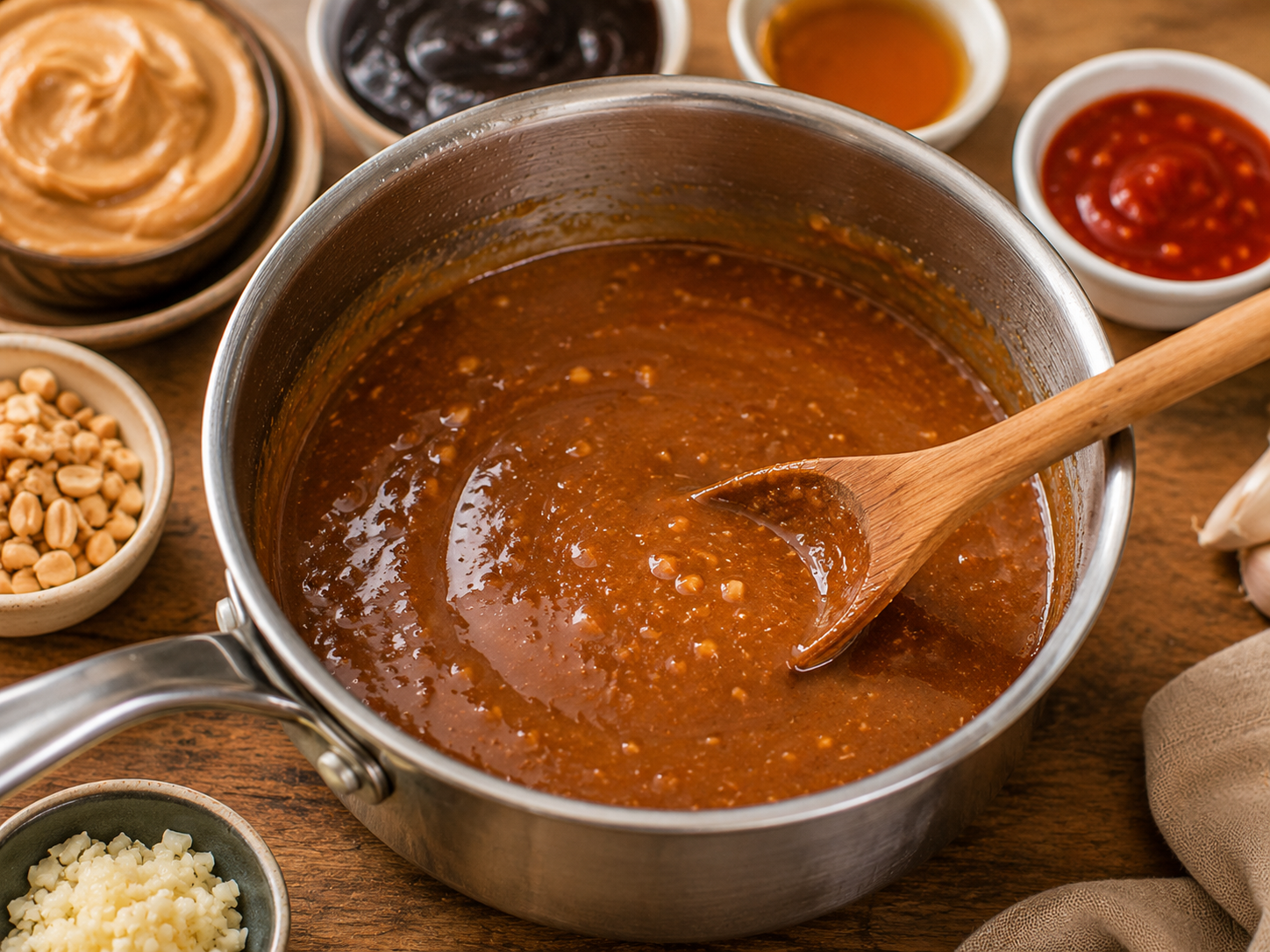 Peanut-hoisin dipping sauce being stirred for gỏi cuốn Vietnamese fresh spring rolls.
