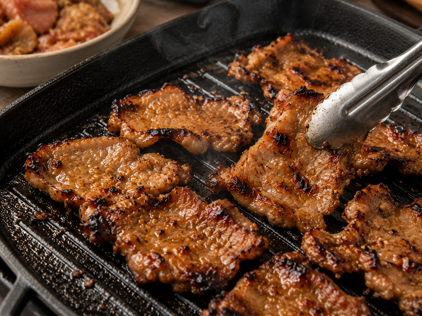 Marinated pork for bún thịt nướng grilling until caramelized with charred edges.