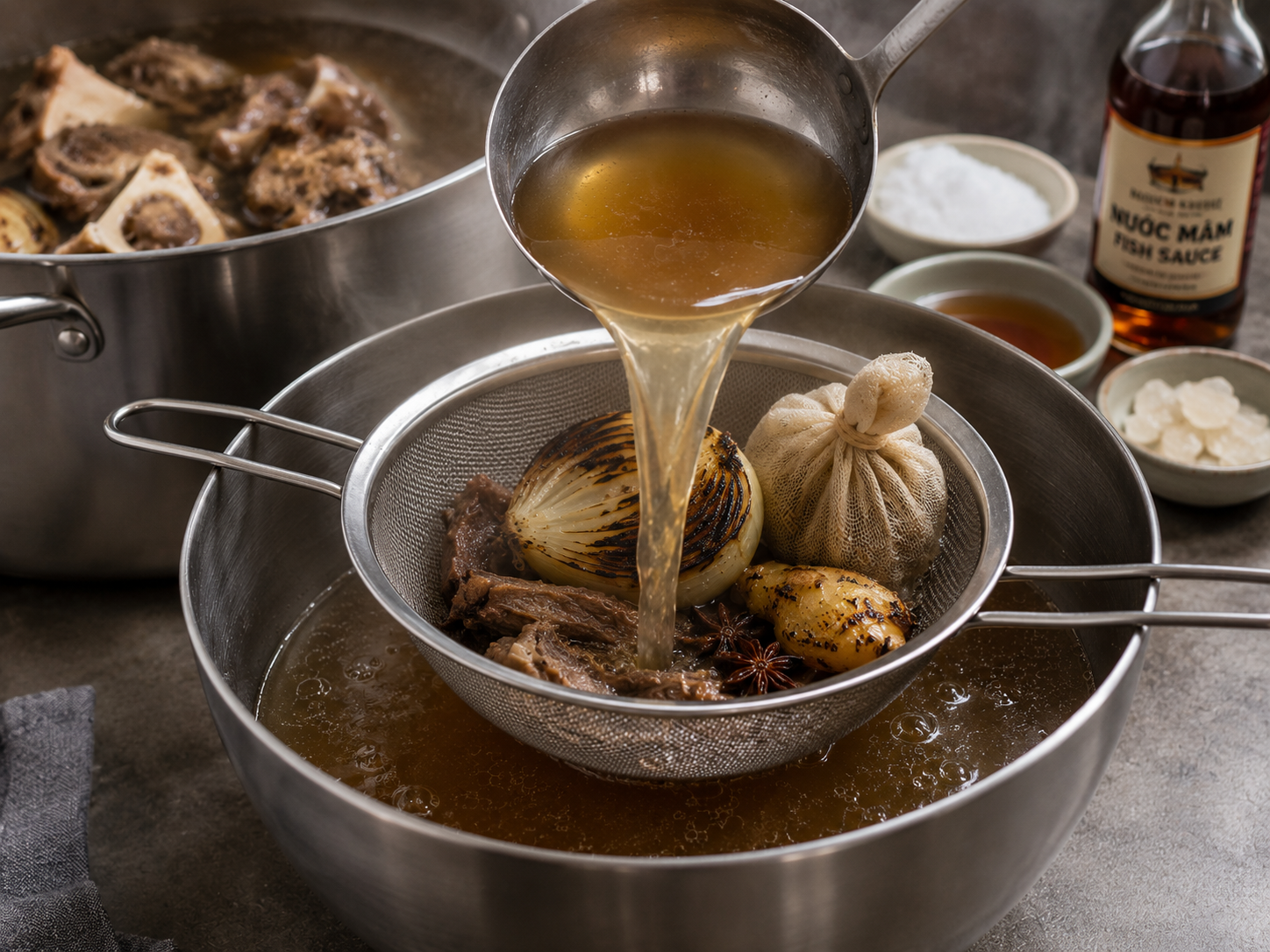 Clear phở bò broth being strained through a fine mesh strainer with charred onion, ginger, beef, and spices, with fish sauce and seasoning nearby.