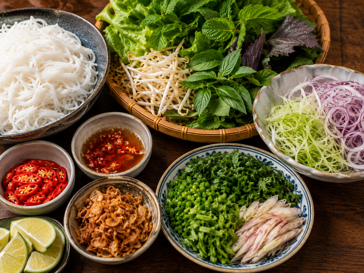 Rice vermicelli noodles, fresh herbs, bean sprouts, lime, chilies, and sliced vegetables prepared for assembling bún mắm.
