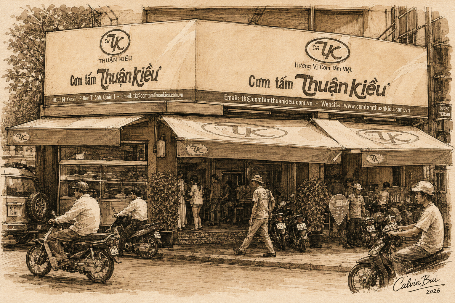 Hand-drawn sepia urban sketch of Cơm Tấm Thuận Kiều in Saigon, showing the yellow and green storefront, awnings, motorbikes, pedestrians, and everyday street-side restaurant atmosphere.