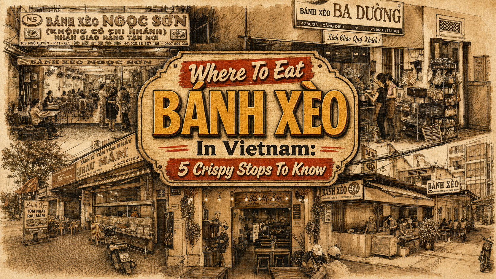 Sepia hand-drawn FKN Deliciousness hero collage featuring five Vietnamese bánh xèo restaurant storefronts with a bold center title for “Where To Eat Bánh Xèo In Vietnam: 5 Crispy Stops To Know.”