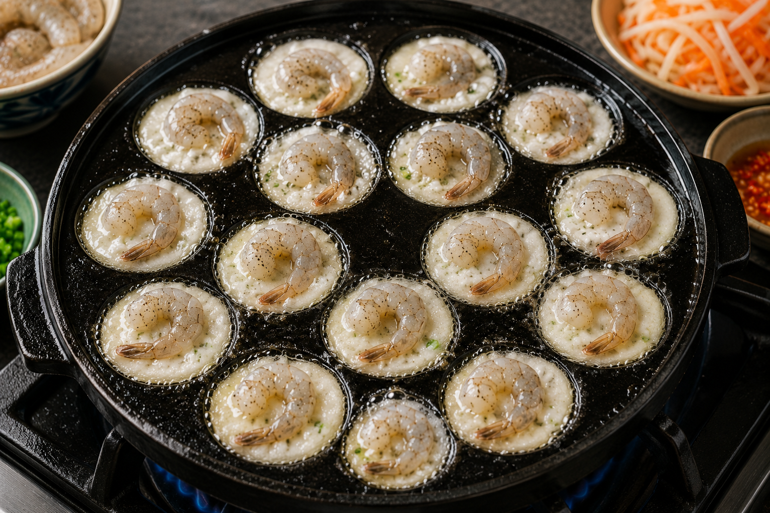 Bánh khọt batter sizzling in a hot cast-iron pan with one seasoned shrimp placed in the center of each pancake.