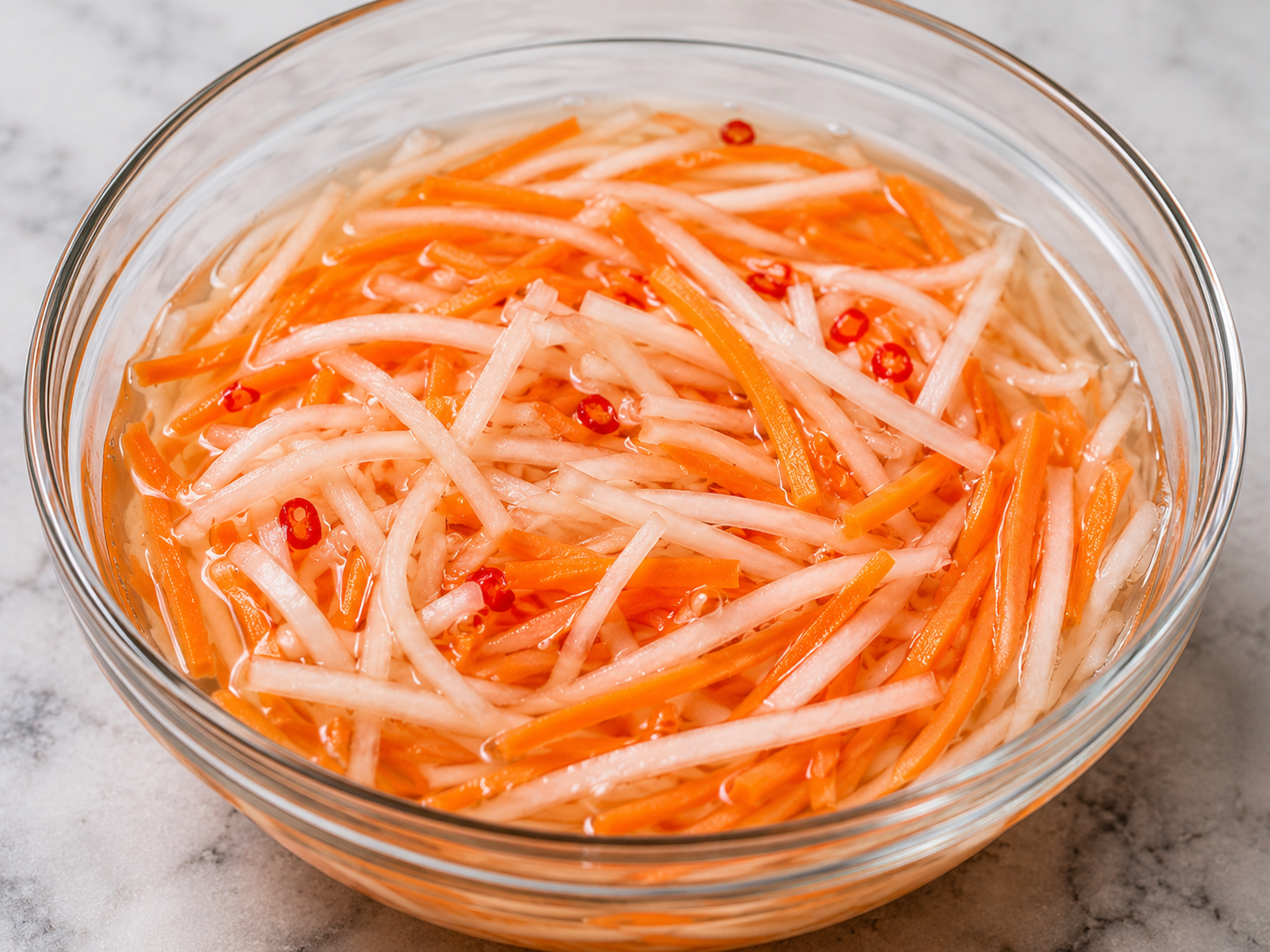 Carrot and daikon matchsticks for Cơm Tấm soaking in a vinegar, sugar, salt, and water brine.