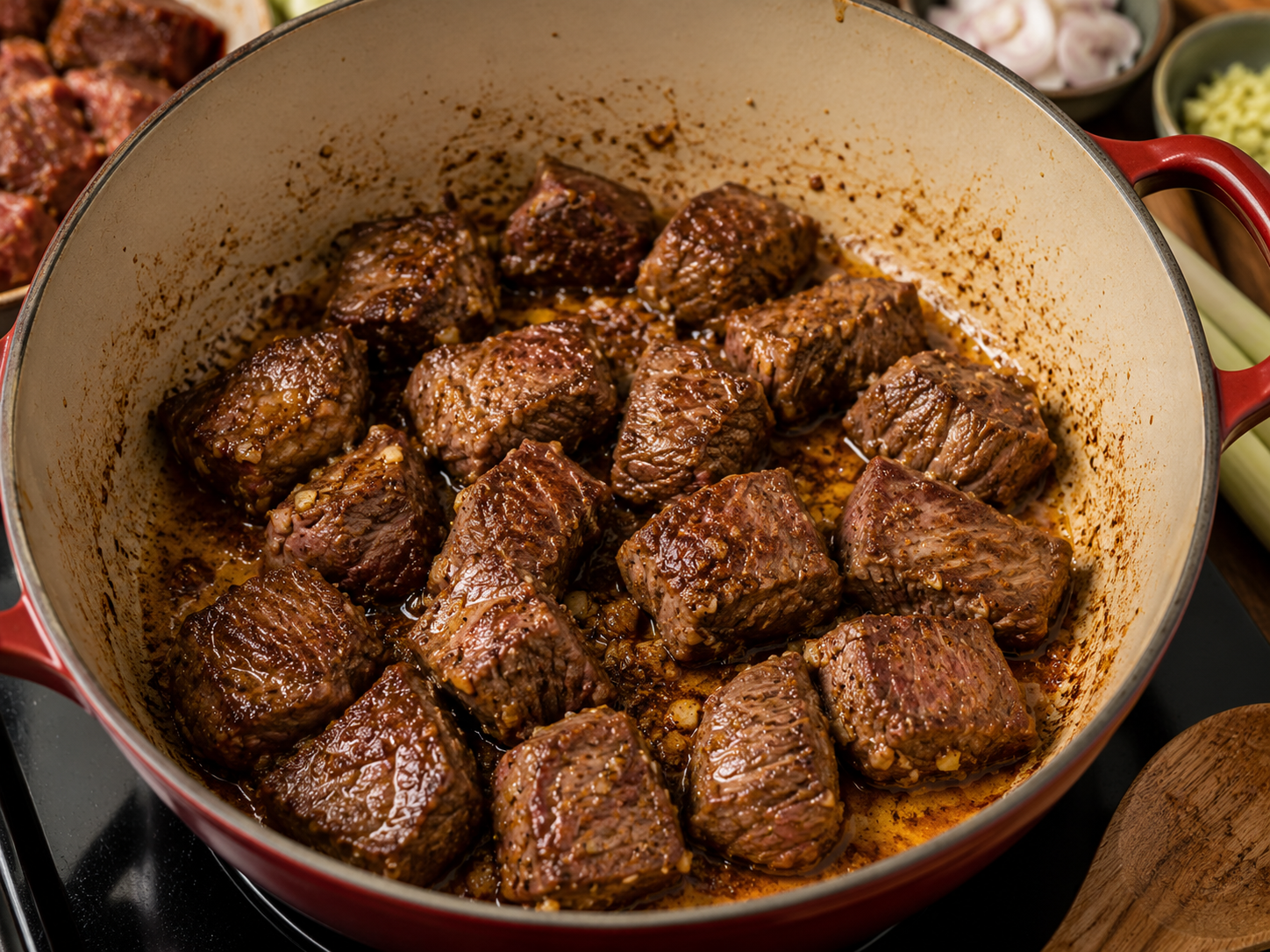 Beef for bò kho searing in a pot with annatto oil until browned on the edges.